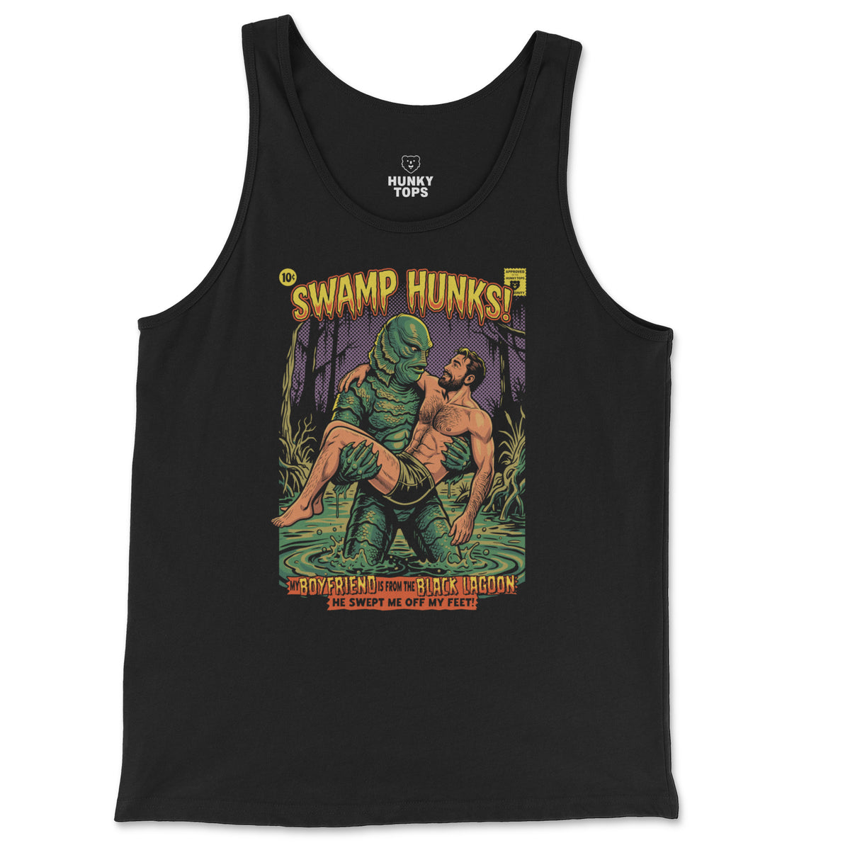 Swamp Hunks retro pulp comic cover graphic on a black tank top, flat lay #color_Black