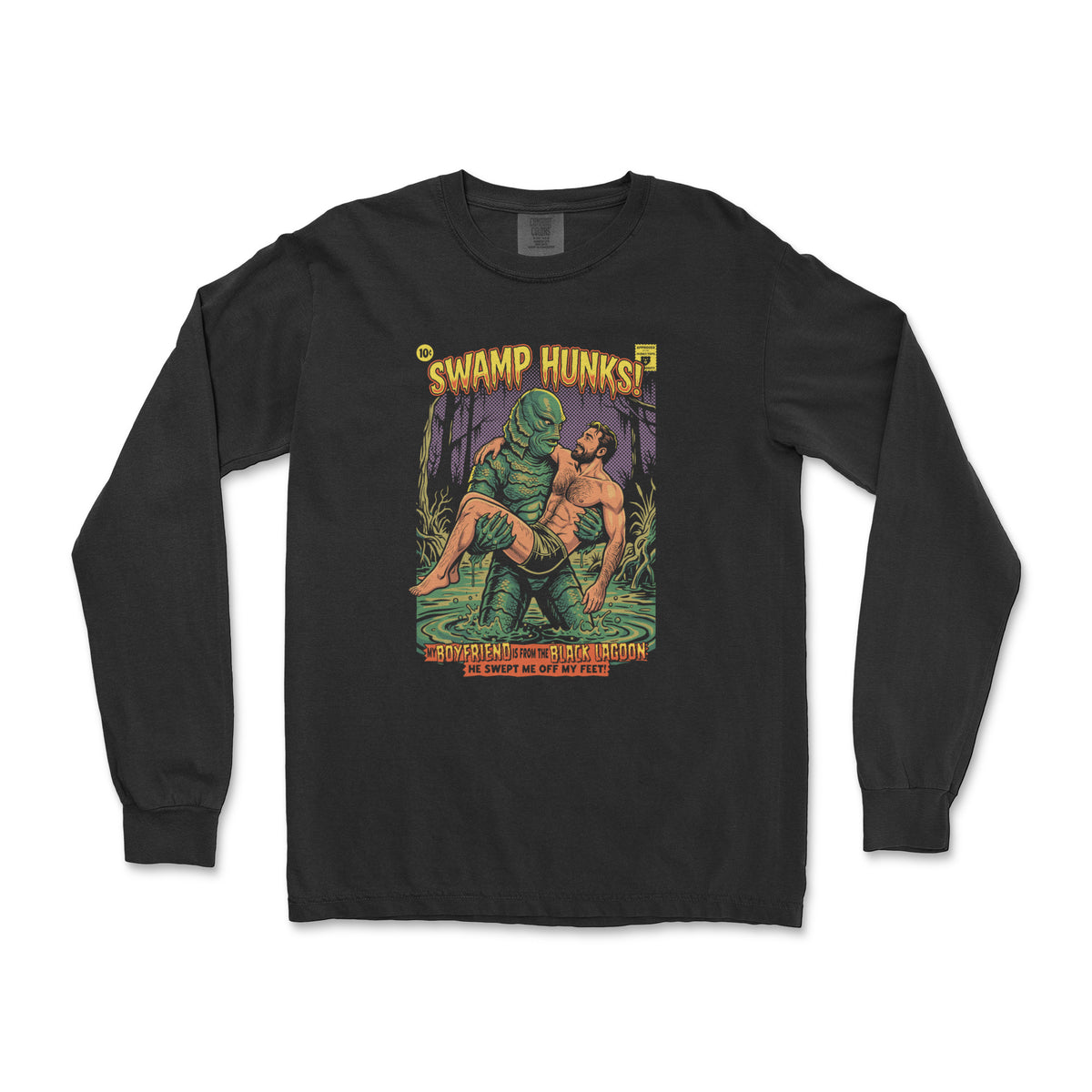 Swamp Hunks retro pulp comic cover graphic on a black long sleeve shirt, flat lay #color_Black