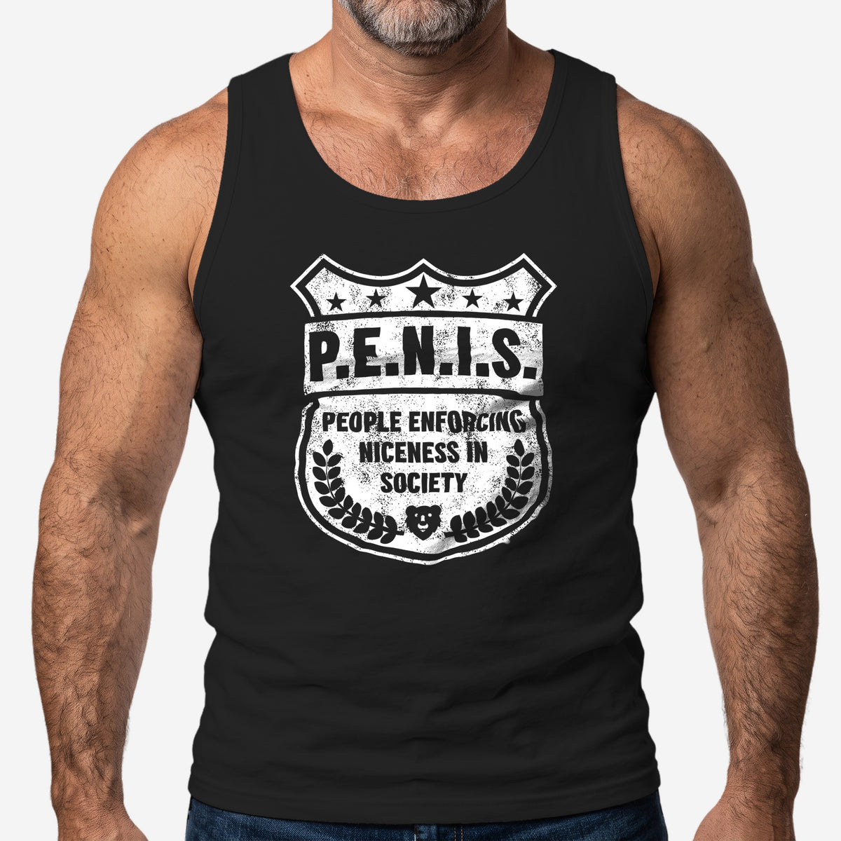P.E.N.I.S. Tank Top worn by a model, black tank top #color_Black