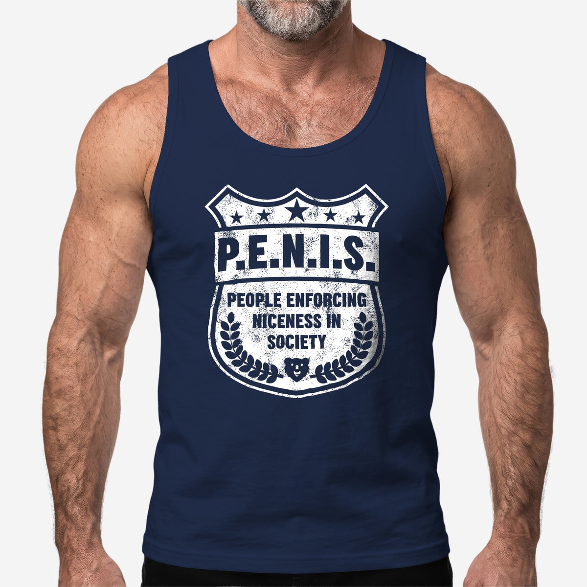 P.E.N.I.S. Tank Top worn by a model, navy tank top #color_Navy