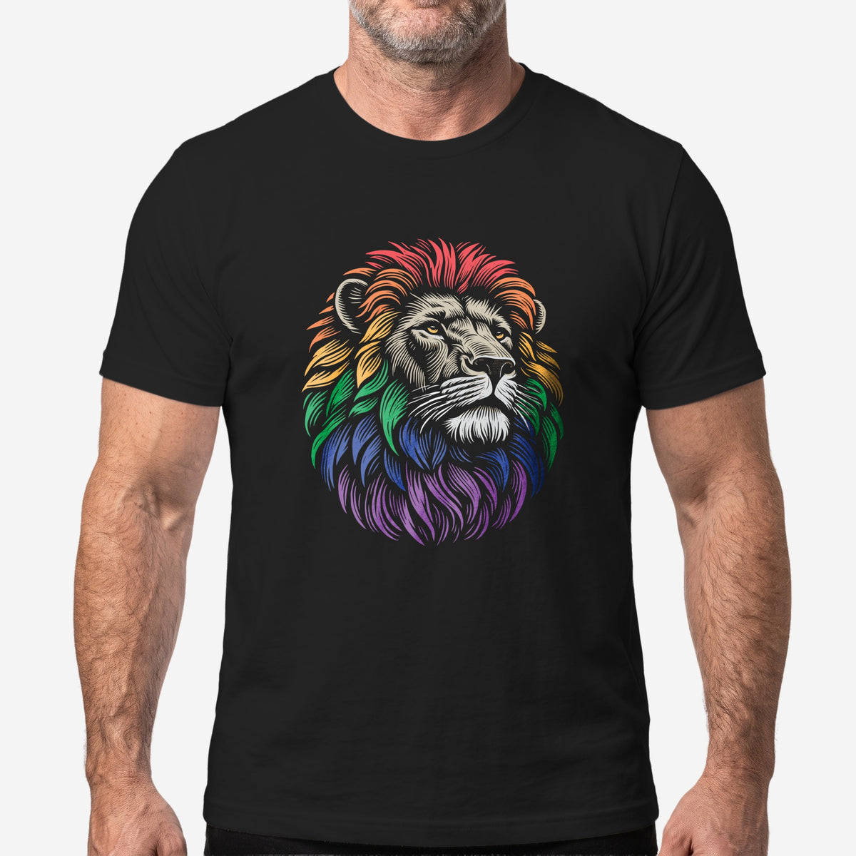Pride Lion T-Shirt worn by a model, black t-shirt #color_Black