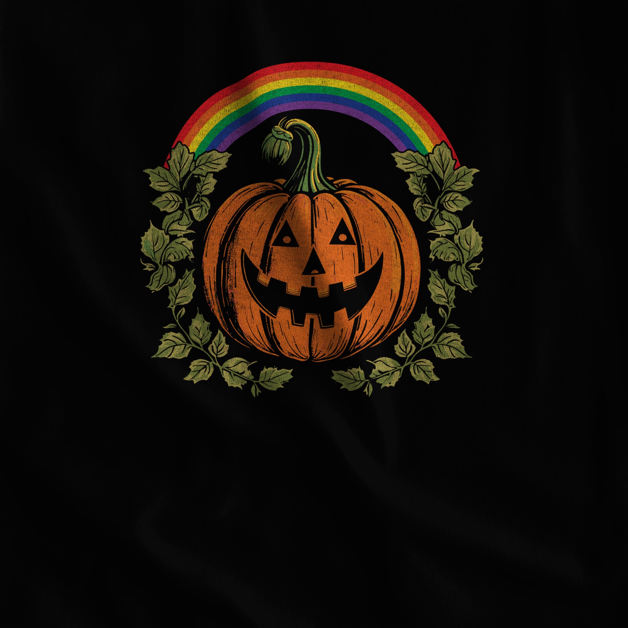 Close-up of the Pride Pumpkin rainbow jack-o-lantern print on black garment-dyed long-sleeve fabric #color_Black