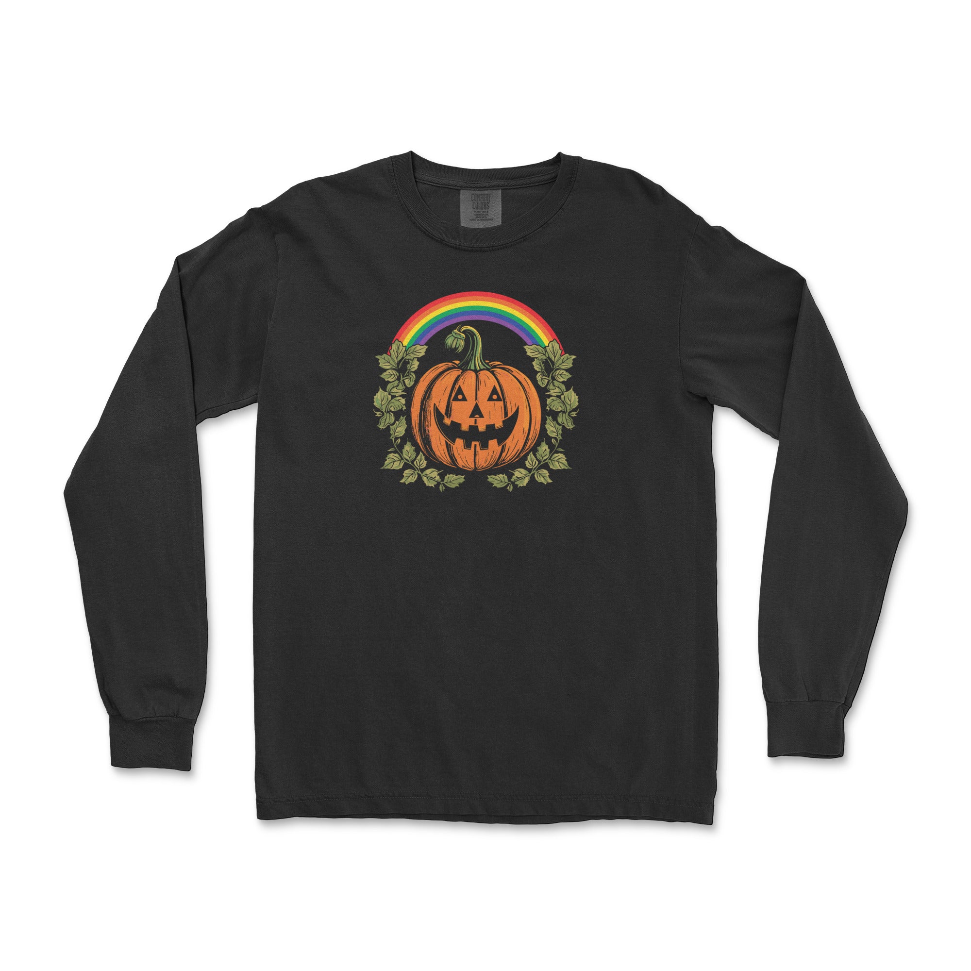 Pride Pumpkin rainbow jack-o-lantern graphic on a black heavyweight garment-dyed long-sleeve t-shirt, flat lay #color_Black