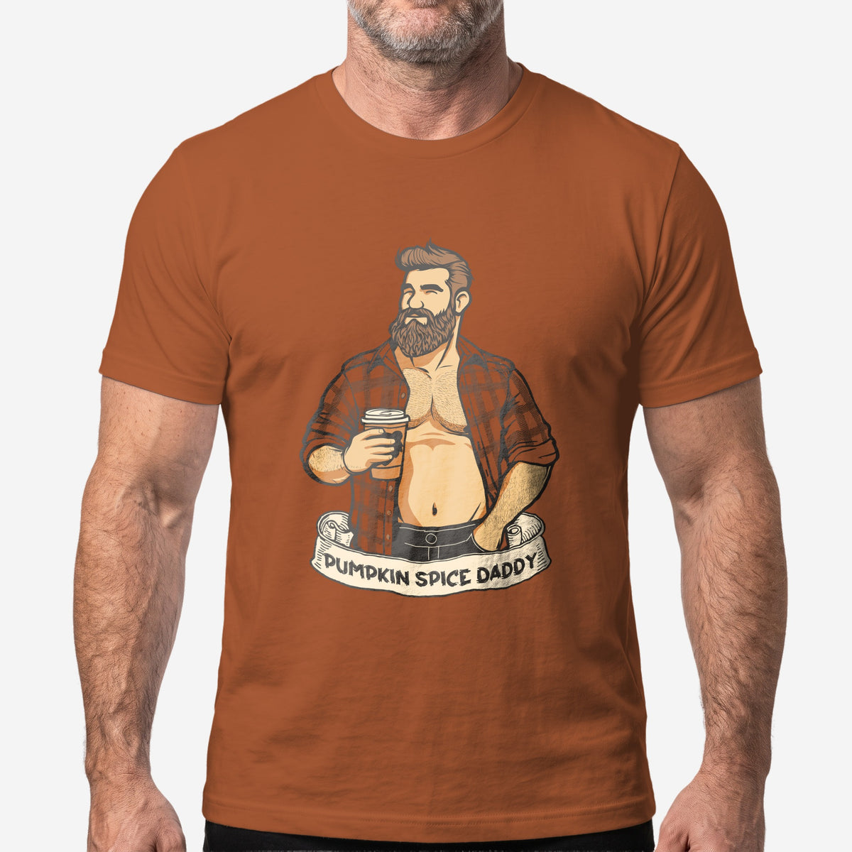 Pumpkin Spice Daddy T-Shirt worn by a model, Autumn t-shirt #color_Autumn