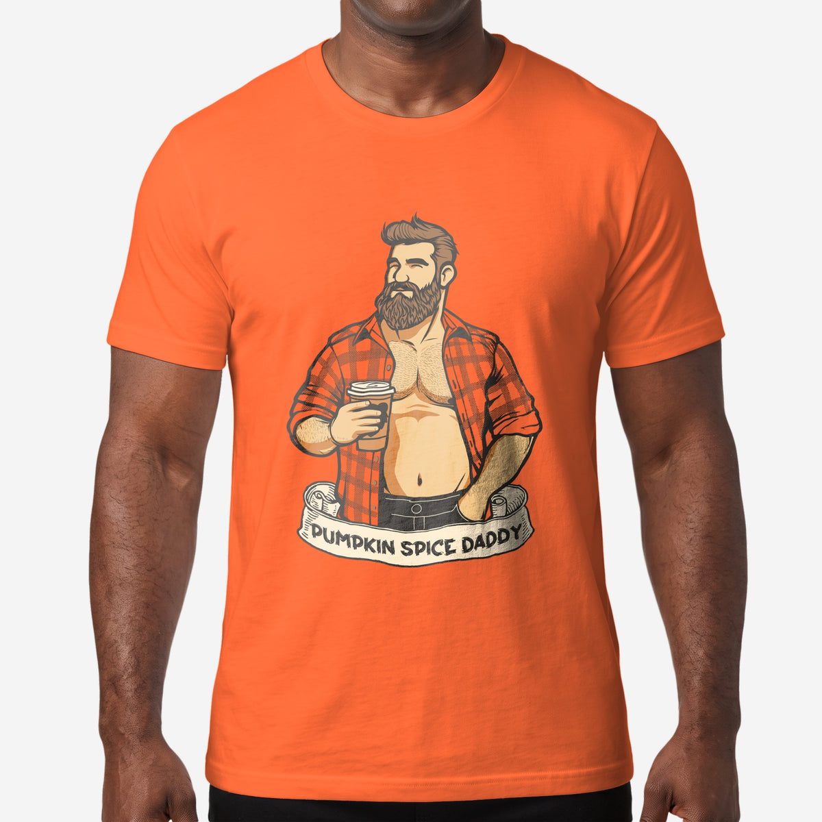 Pumpkin Spice Daddy T-Shirt worn by a model, Orange t-shirt #color_Orange