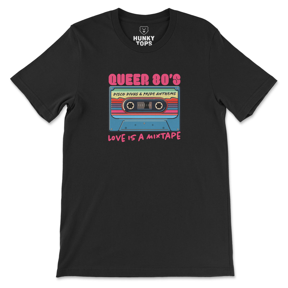 "Queer 80's: Love is a Mixtape" Cassette Graphic T-Shirt - Hunky Tops #color_Black