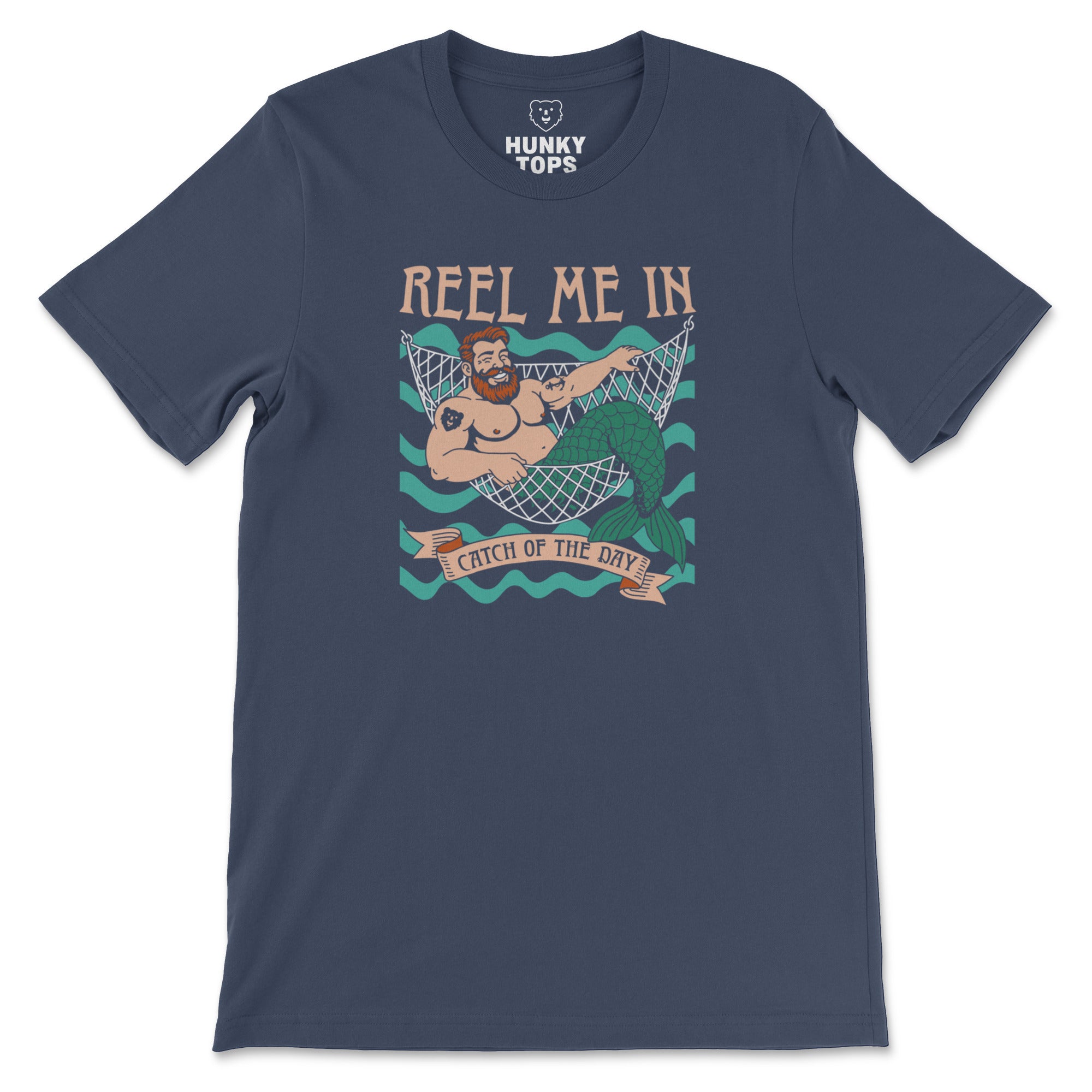 Reel Me In merman tattoo-flash graphic on a navy Bella Canvas tee, bearded merman grinning in a fishing net. #color_Navy