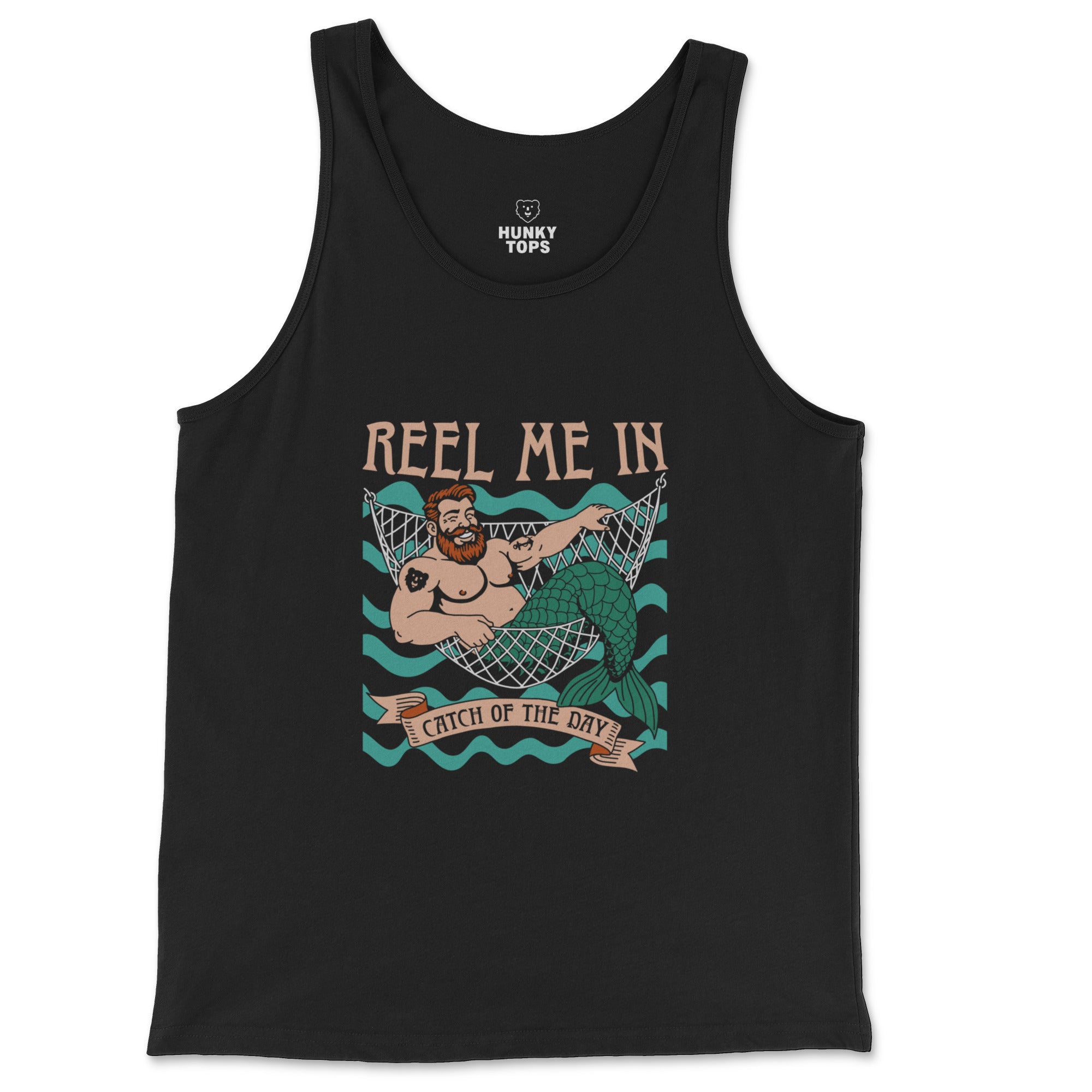 Reel Me In merman tattoo-flash graphic on a black Bella Canvas tank, bearded merman grinning in a fishing net. #color_Black