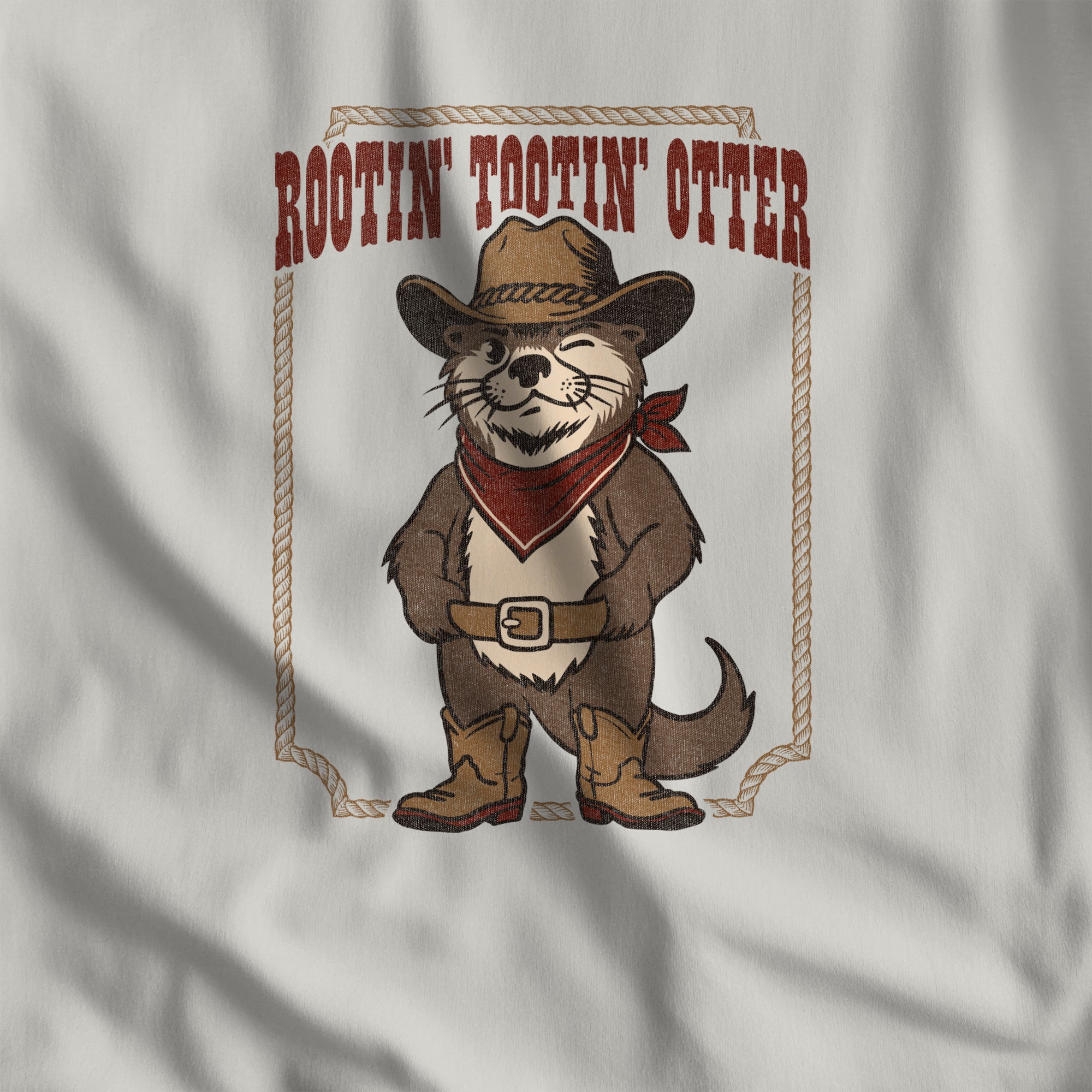 Close-up of the Rootin' Tootin' Otter western print on vintage white t-shirt fabric #color_Vintage White