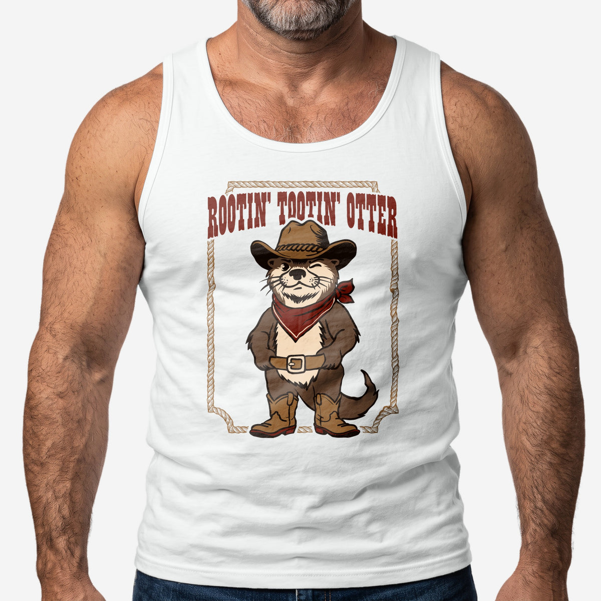 Man wearing the Rootin' Tootin' Otter white tank top #color_White