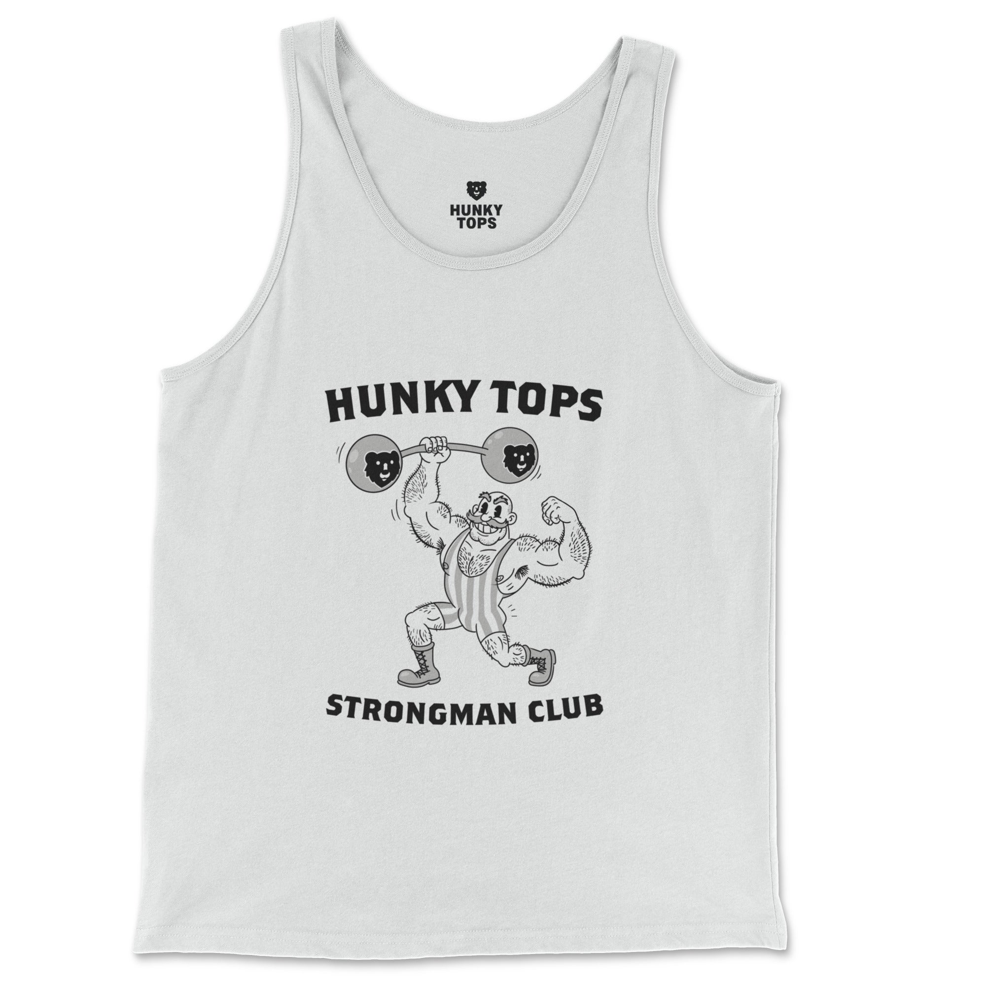 Hunky Tops Strongman Club retro strongman graphic on a white tank top, front view #color_White