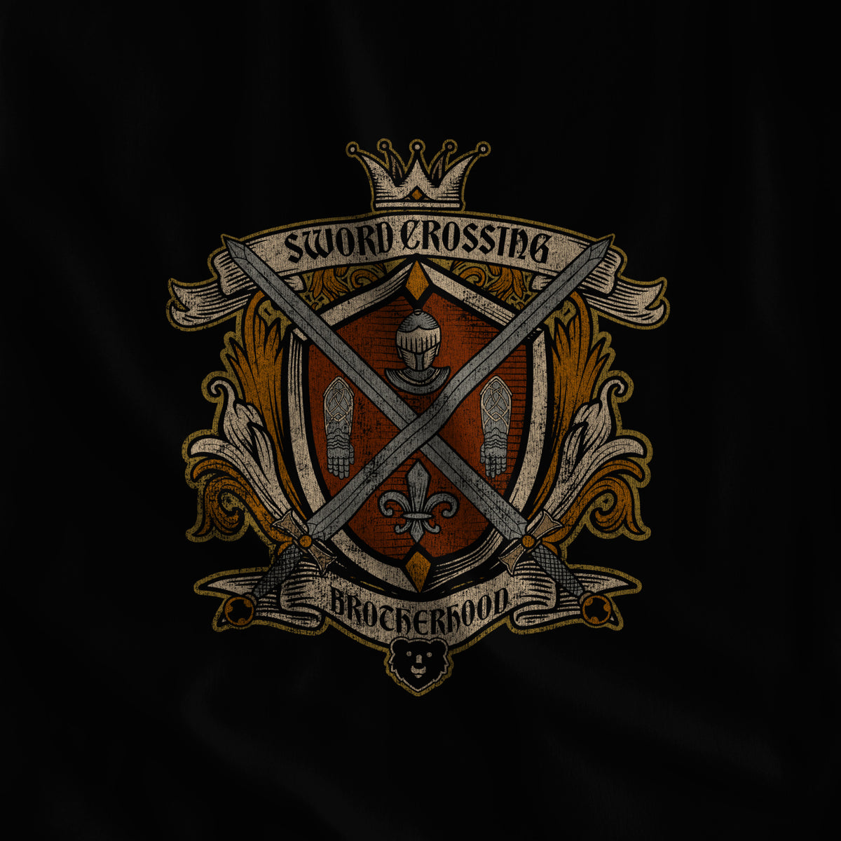 Close-up of the Sword Crossing Brotherhood crest print on black fabric #color_Black
