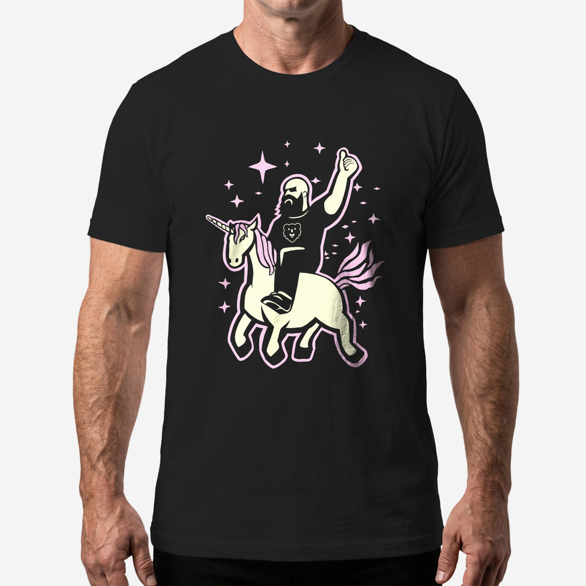 The Mythic Unicorn Wrangler T-Shirt worn by a model, black t-shirt #color_Black