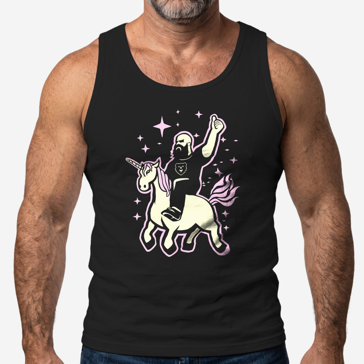 The Mythic Unicorn Wrangler Tank Top worn by a model, black tank top #color_Black