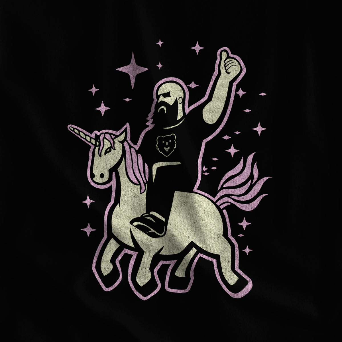 Close-up of the Mythic Unicorn Wrangler print on black fabric #color_Black