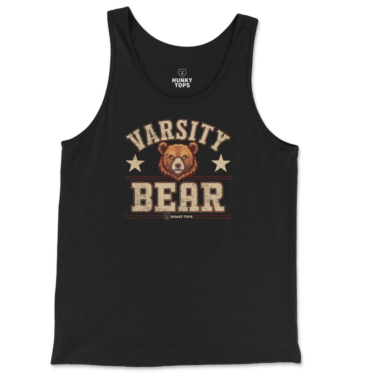 Varsity Bear Tank Top on a black tank top, flat lay #color_Black