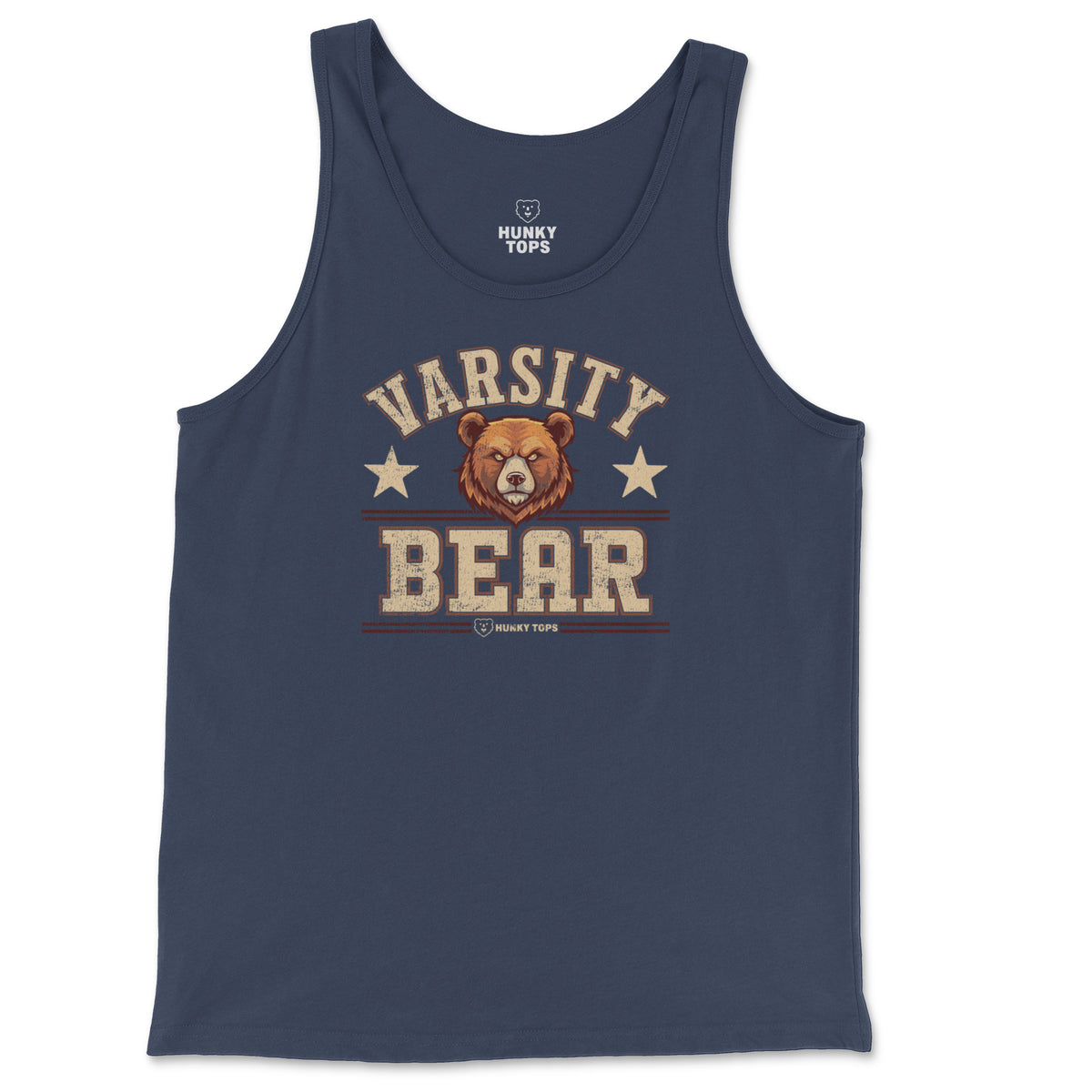 Varsity Bear Tank Top on a navy tank top, flat lay #color_Navy
