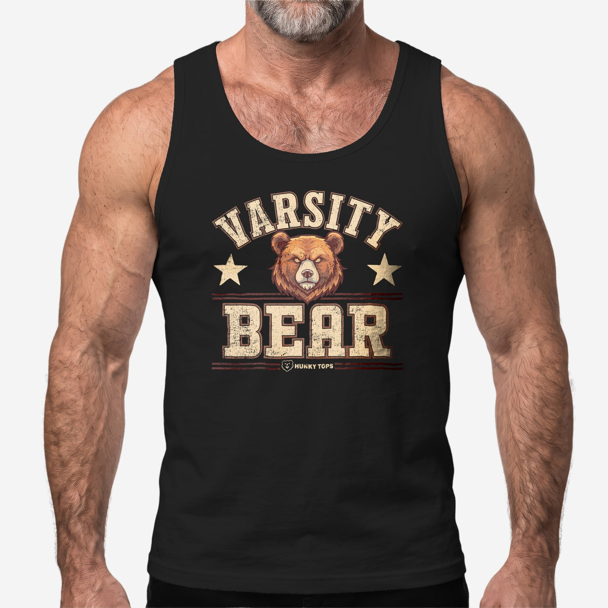 Varsity Bear Tank Top worn by a model, black tank top #color_Black