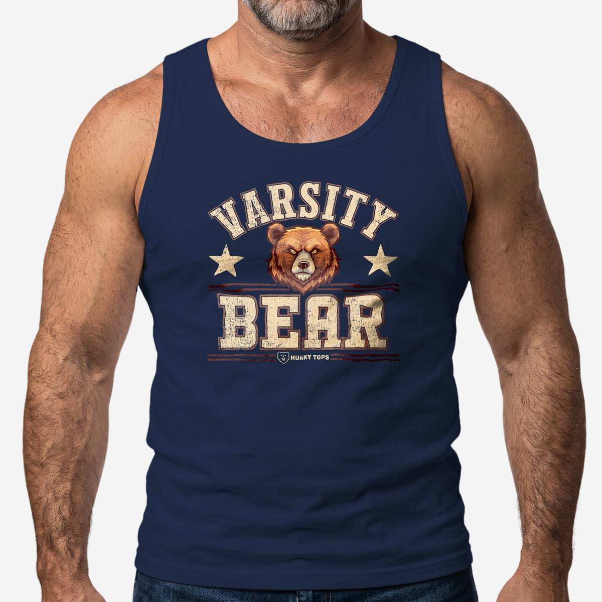 Varsity Bear Tank Top worn by a model, navy tank top #color_Navy