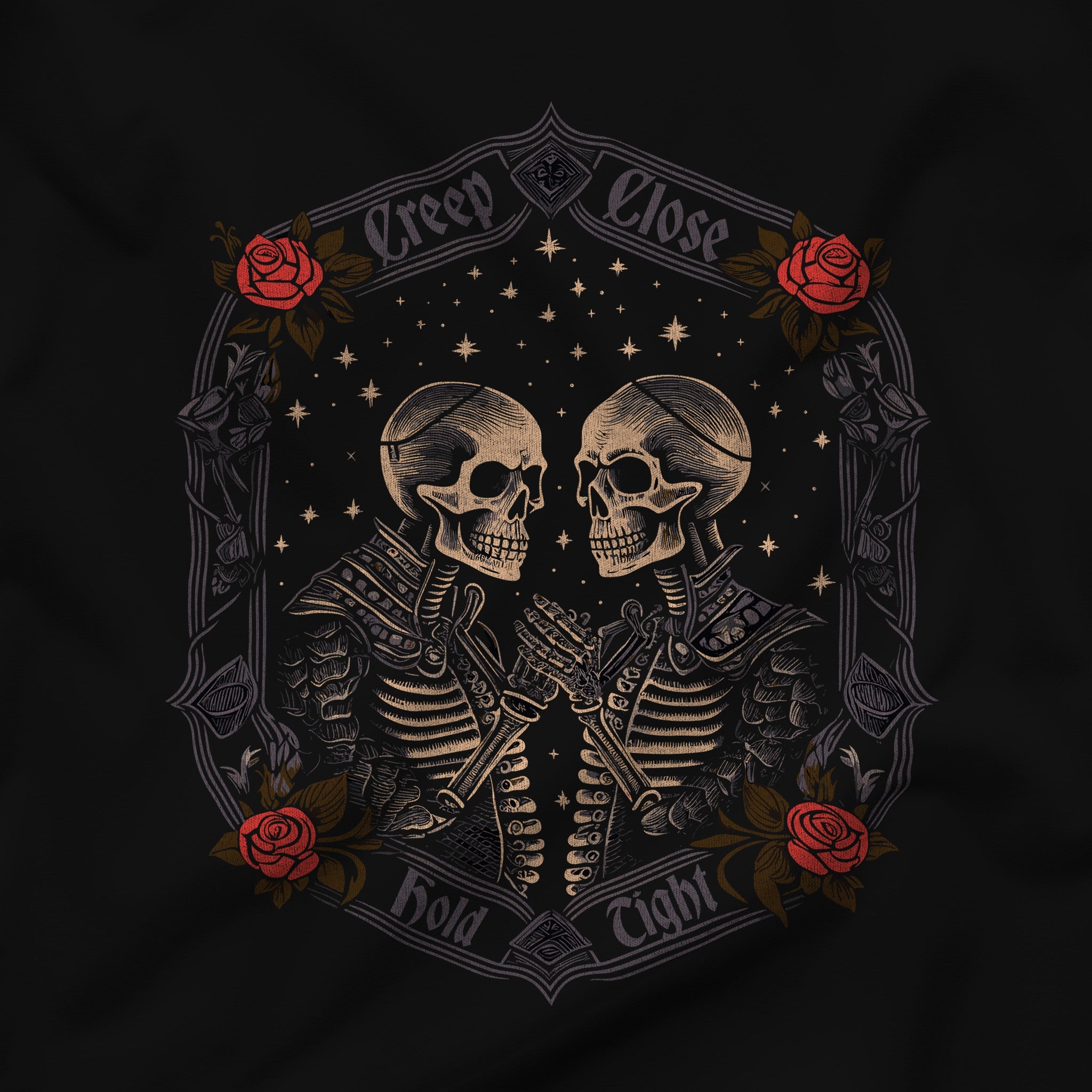 "Creep Close, Hold Tight" Halloween T-Shirt - A Bone-Chilling Romance - Hunky Tops