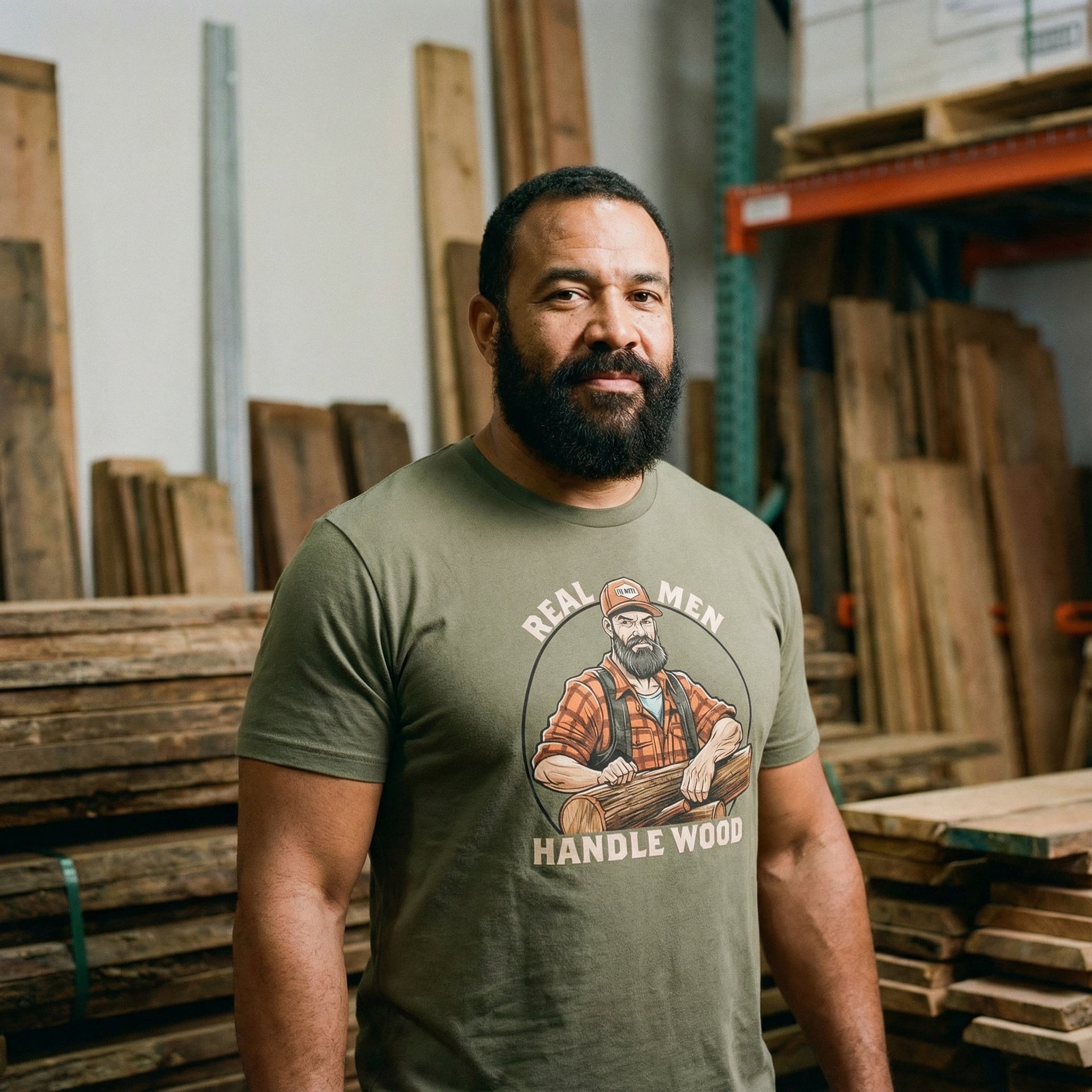 "Real Men Handle Wood" Lumberjack T-Shirt #color_Army