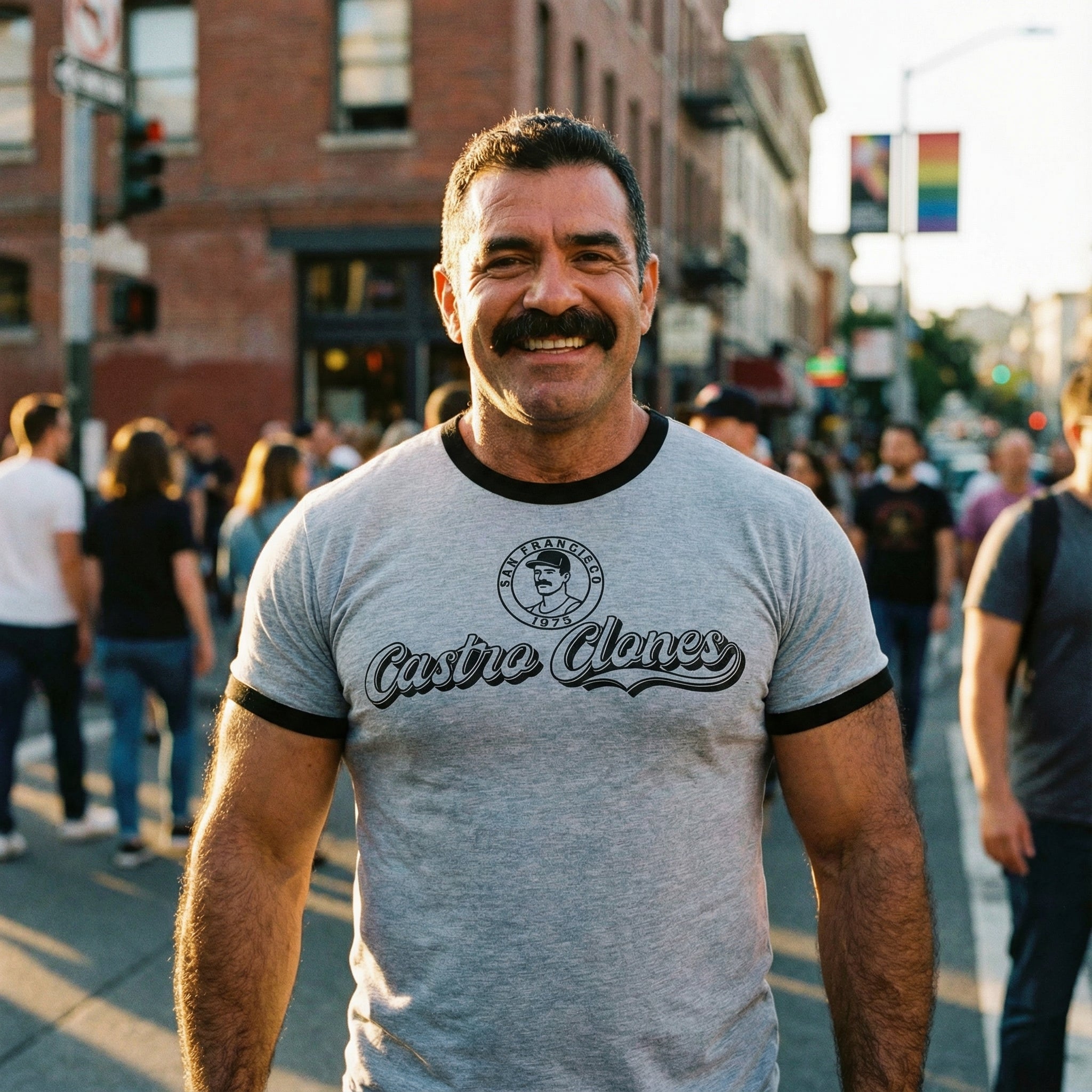 Castro Clones Gay Ringer T-Shirt #color_Heather Grey/Black