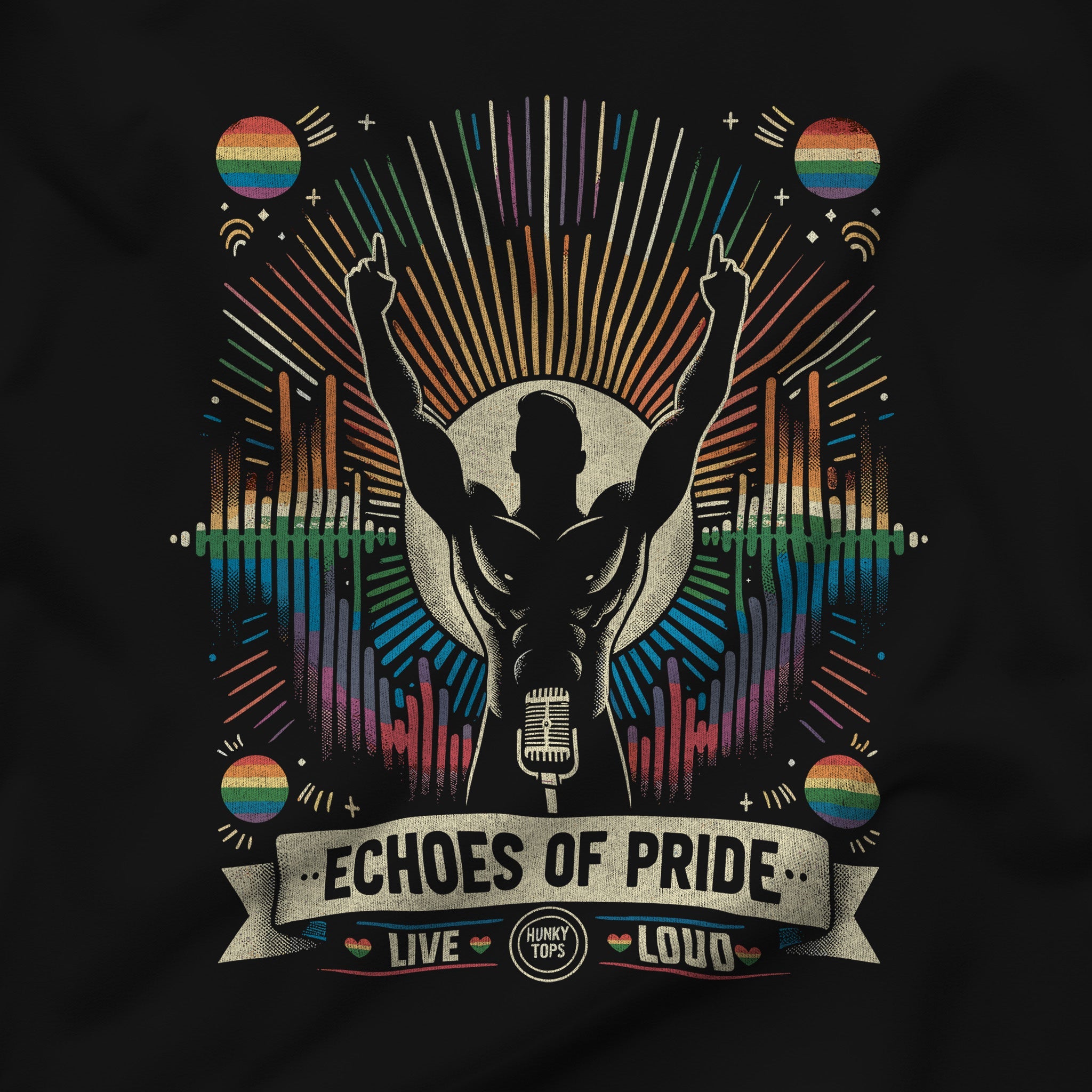 "Echoes of Pride" Vibrant Celebration Graphic Tee - Hunky Tops