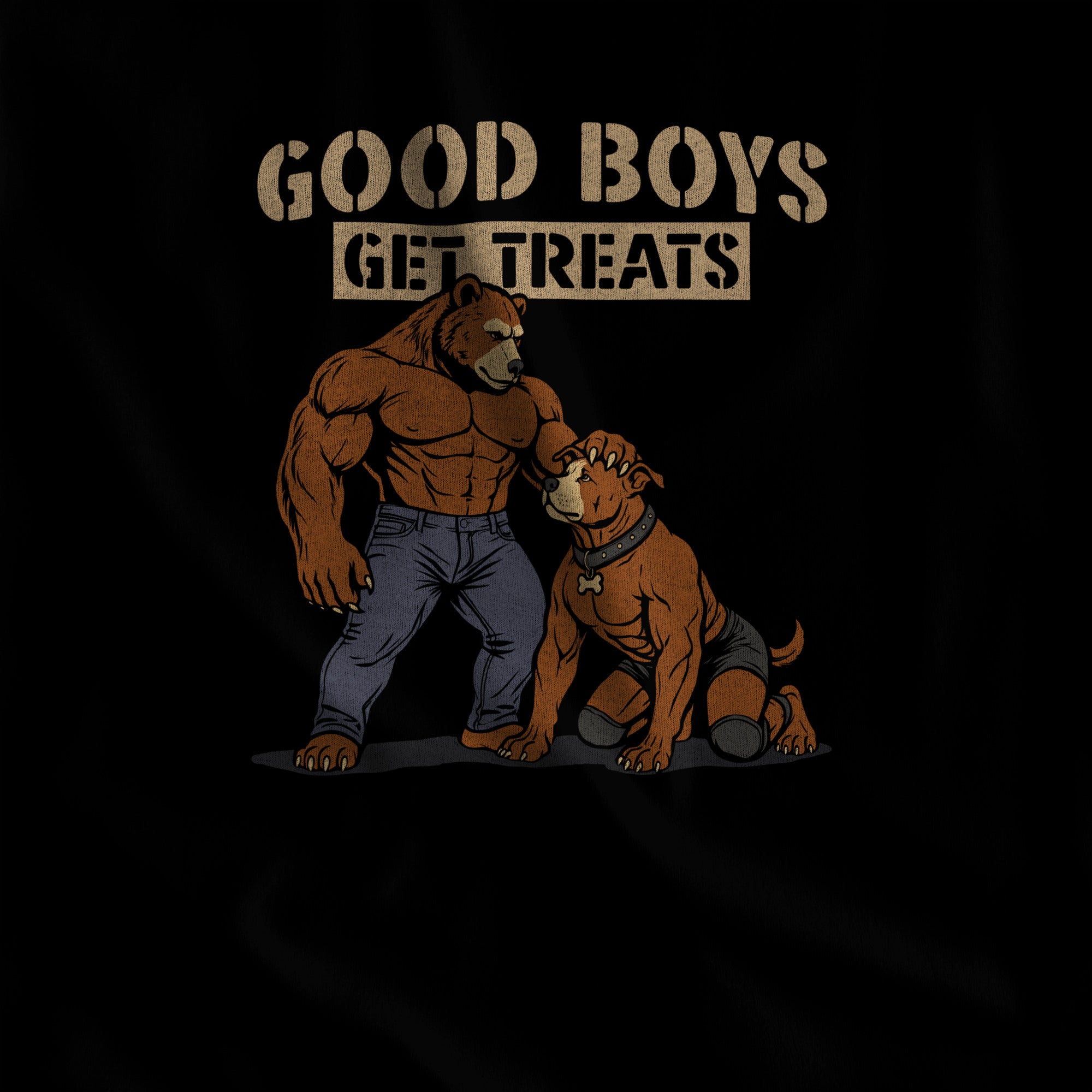 Close-up of the Good Boys Get Treats print, brown bear handler and his pup in retro cartoon line work on black fabric #color_Black