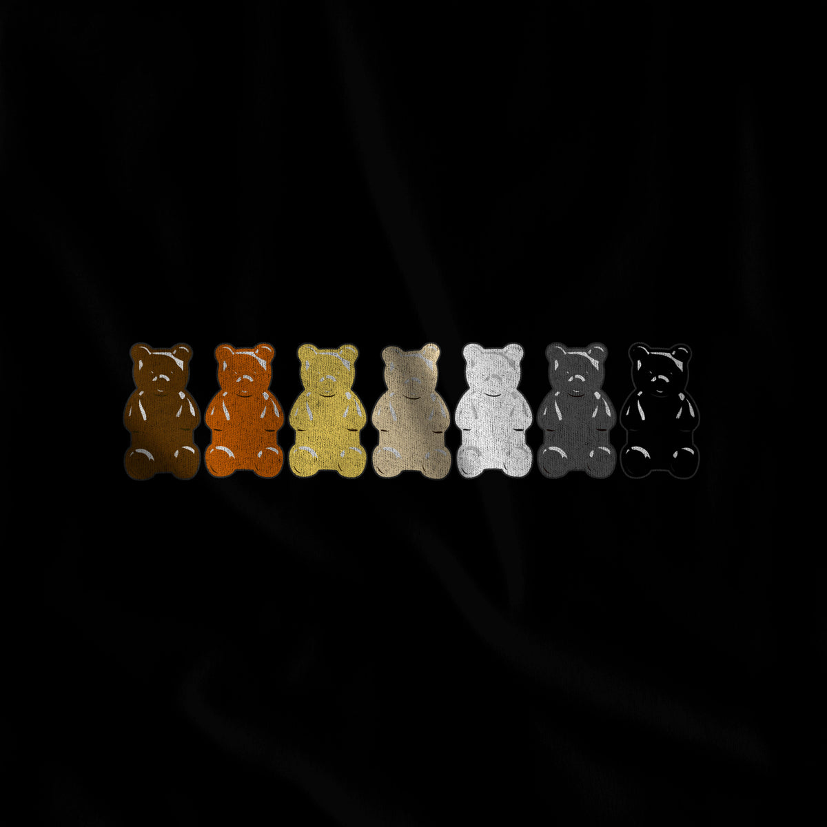 "Gummy Bears Unite!" Gay Bear Pride T-Shirt - Hunky Tops print close-up #color_Black