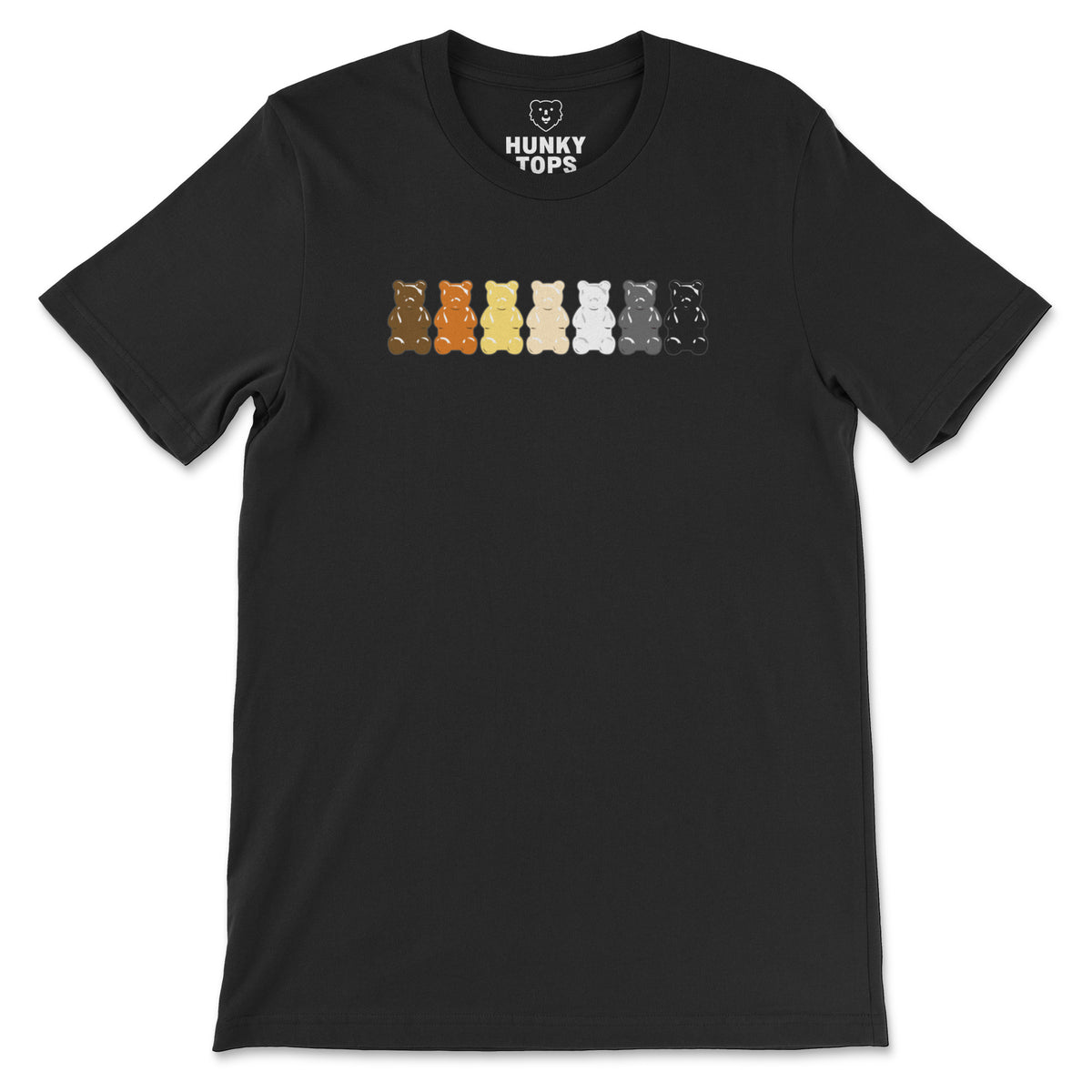 "Gummy Bears Unite!" Gay Bear Pride T-Shirt - Hunky Tops flat lay #color_Black