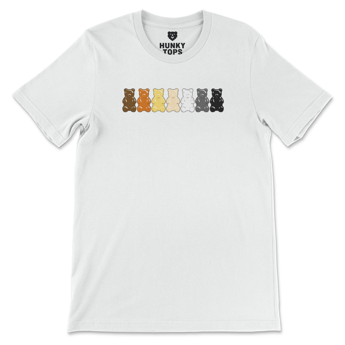 "Gummy Bears Unite!" Gay Bear Pride T-Shirt - Hunky Tops flat lay #color_White