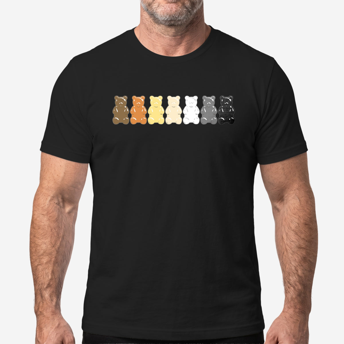 "Gummy Bears Unite!" Gay Bear Pride T-Shirt - Hunky Tops worn on model #color_Black