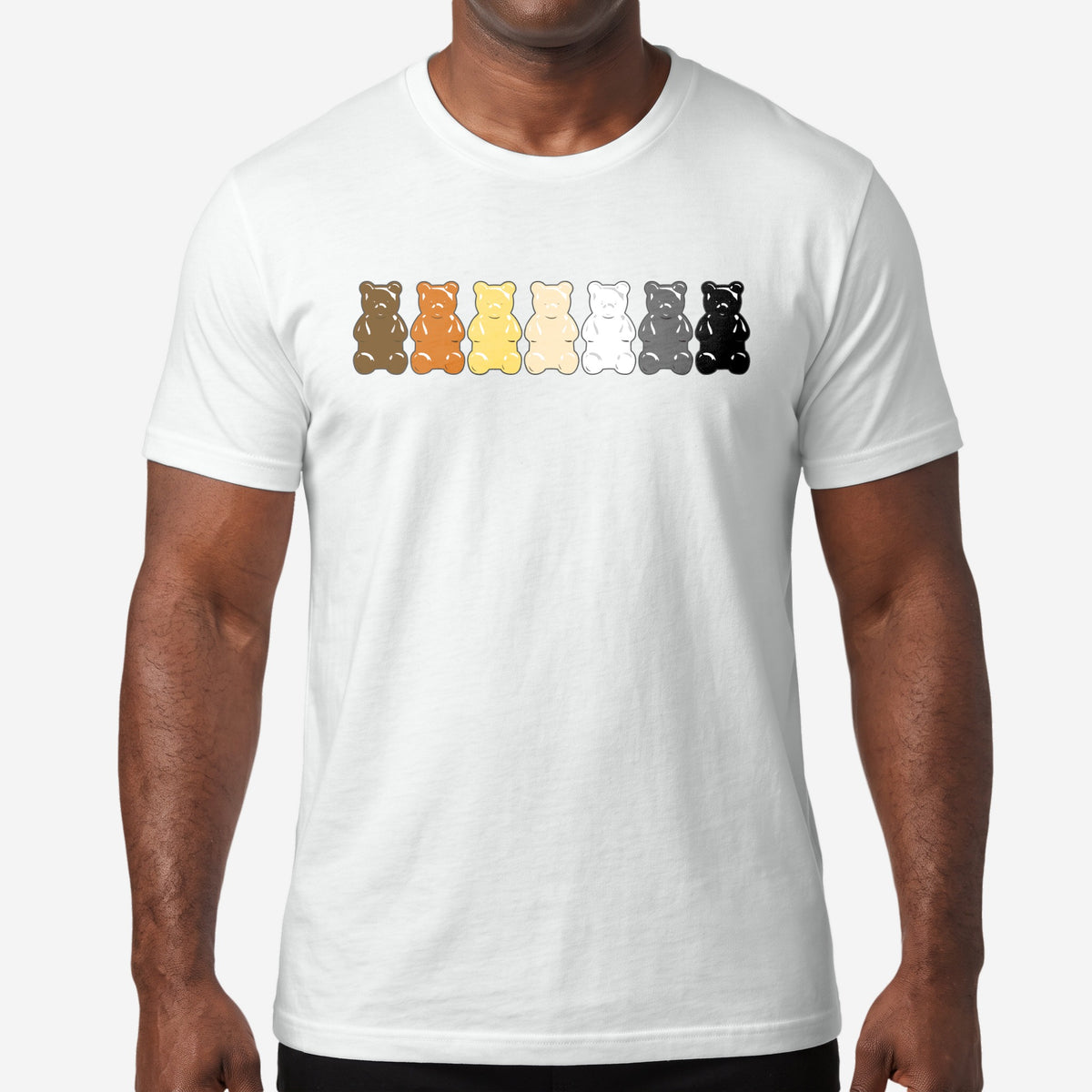 "Gummy Bears Unite!" Gay Bear Pride T-Shirt - Hunky Tops worn on model #color_White