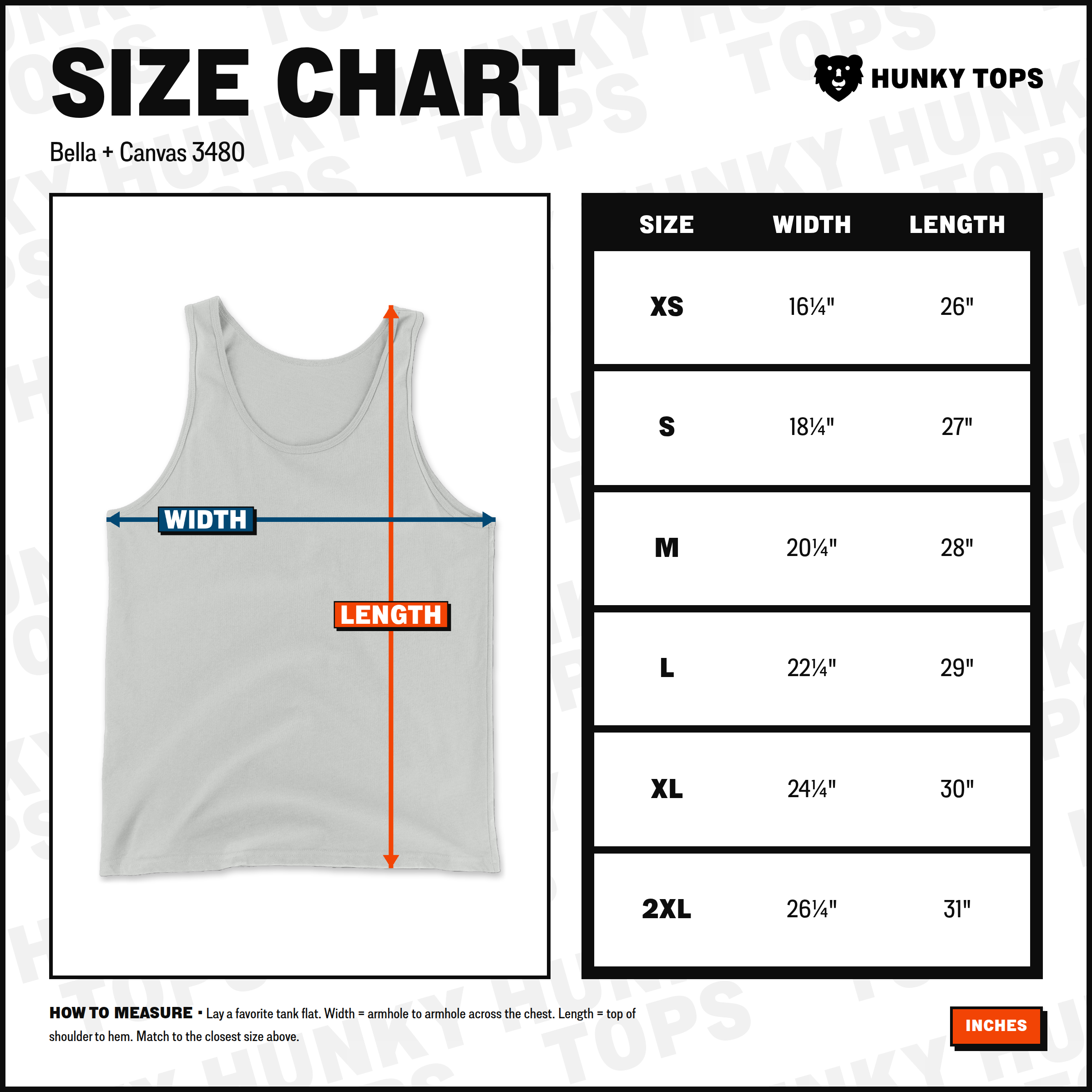 Bella+Canvas 3480 tank top size chart — width and length measurements by size (XS–2XL), in inches
