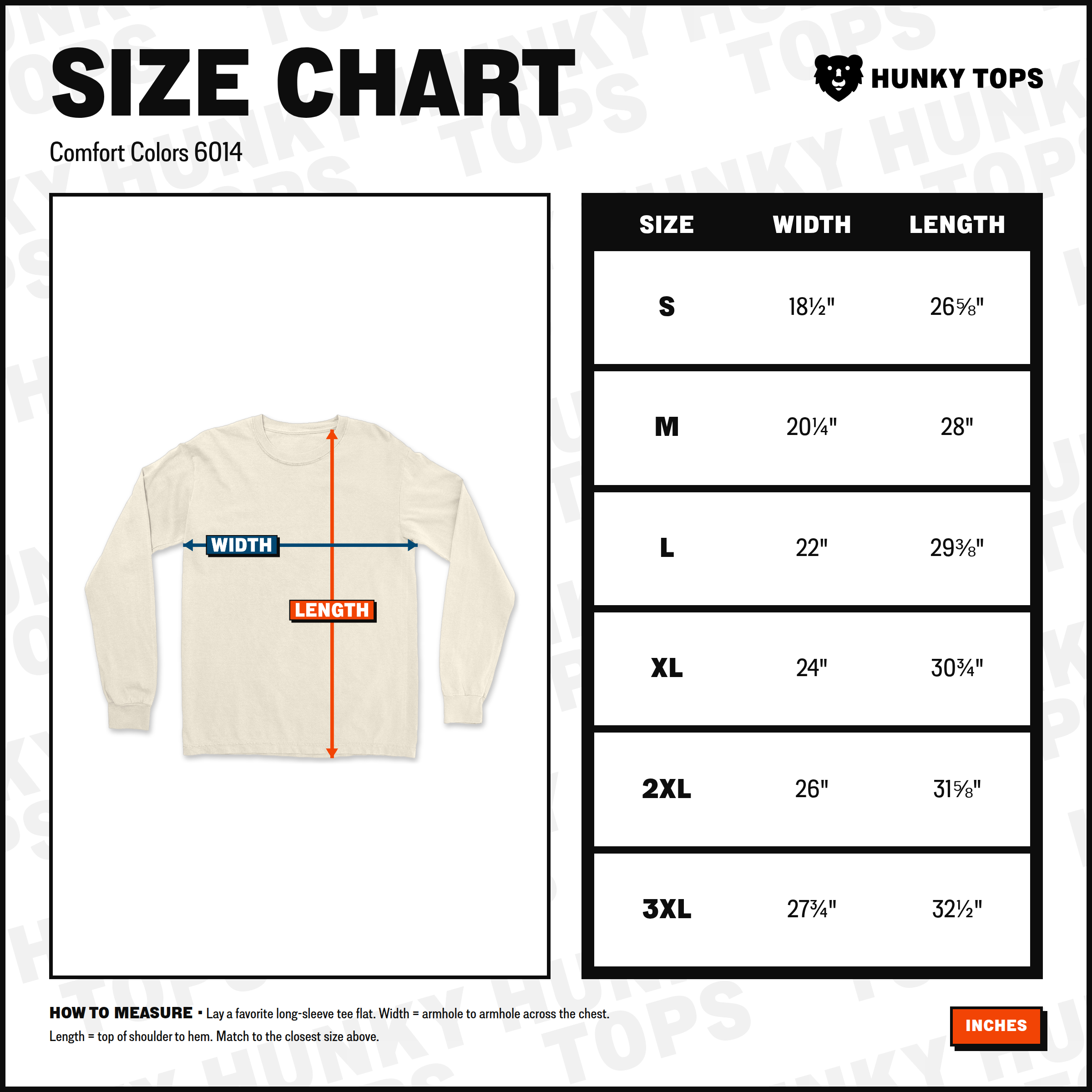 Comfort Colors 6014 long-sleeve t-shirt size chart — width and length measurements by size (S–3XL), in inches