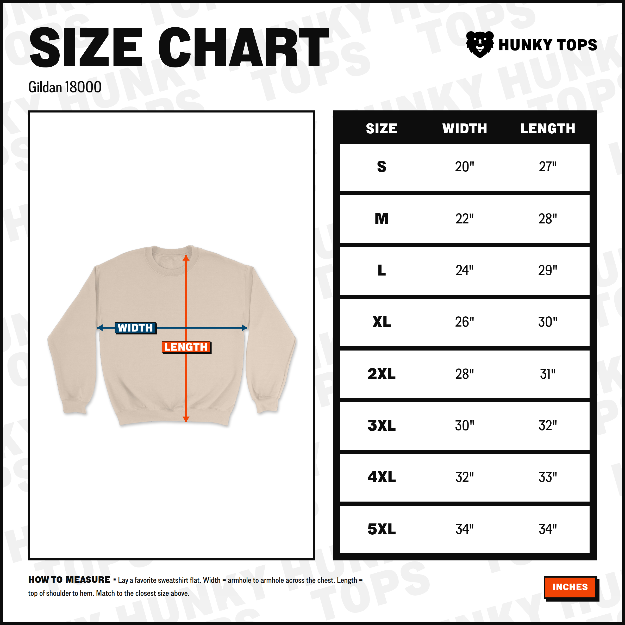Gildan 18000 crewneck sweatshirt size chart — width and length measurements by size (S–5XL), in inches