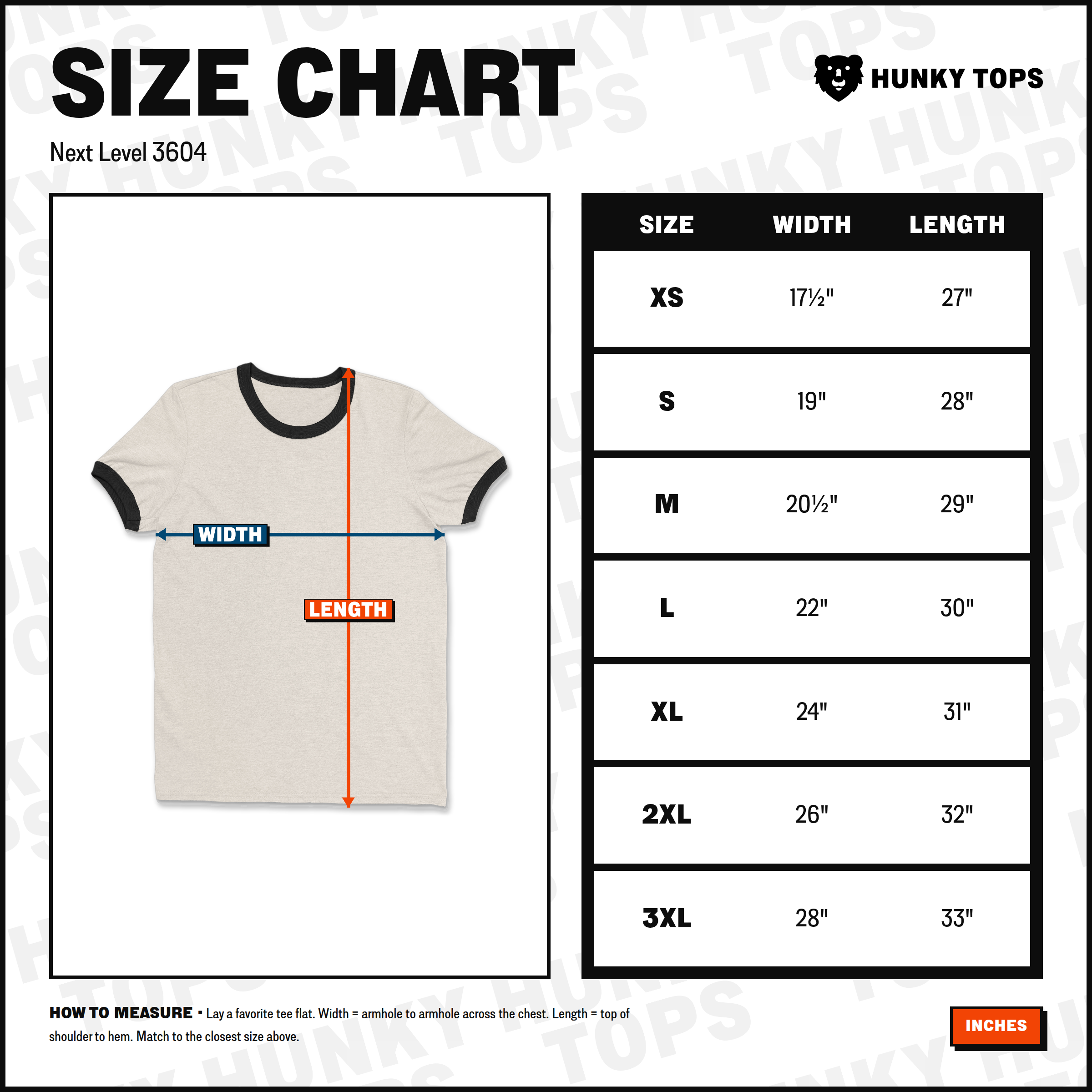 Next Level 3604 ringer t-shirt size chart — width and length measurements by size (XS–3XL), in inches