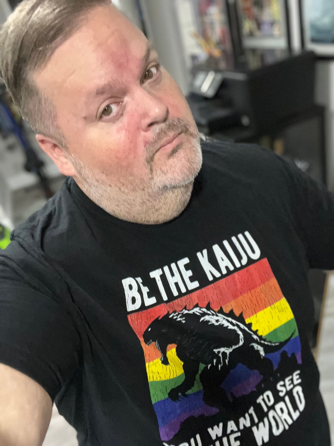 walkingwithjulius wearing the "Be the Kaiju You Want to See in the World" T-Shirt