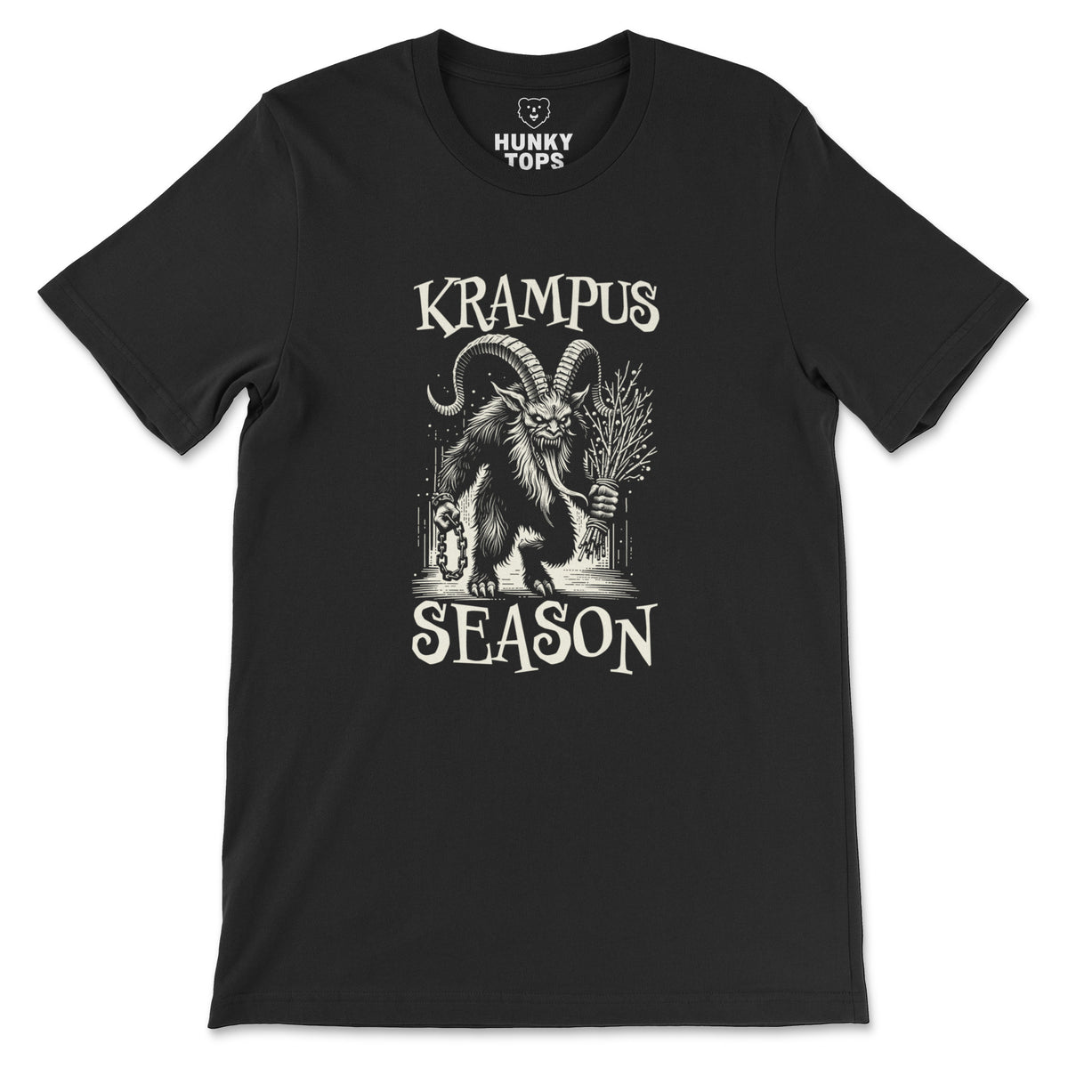 Krampus Season Holiday T-Shirt - Hunky Tops flat lay #color_Black