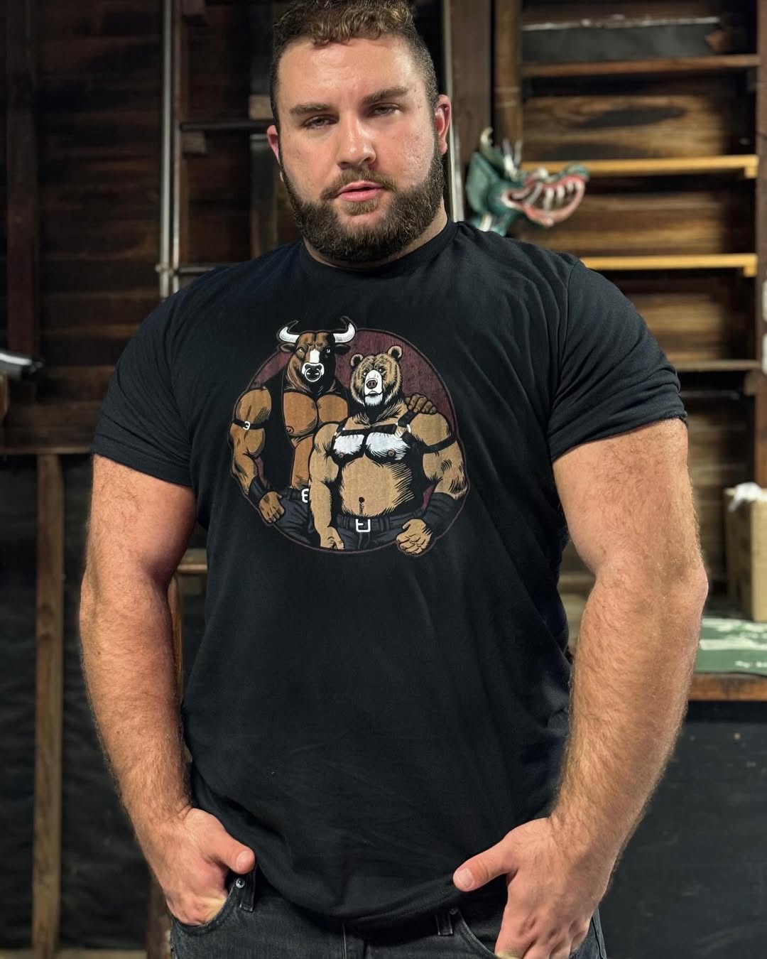 MannyMuscleBear wearing the Bull and Bear Tee