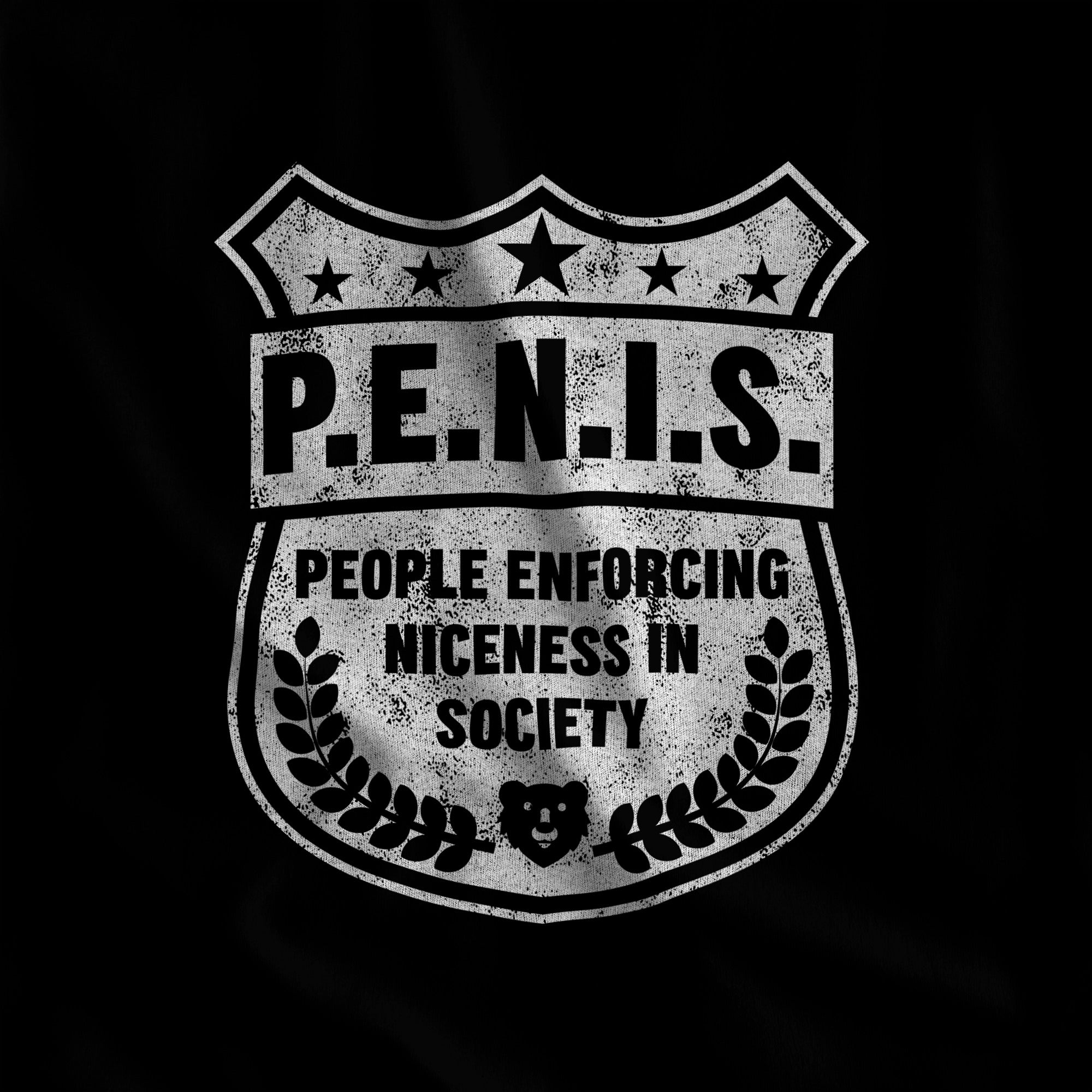 Close-up of the distressed P.E.N.I.S. police badge print with stars and laurels on black fabric #color_Black