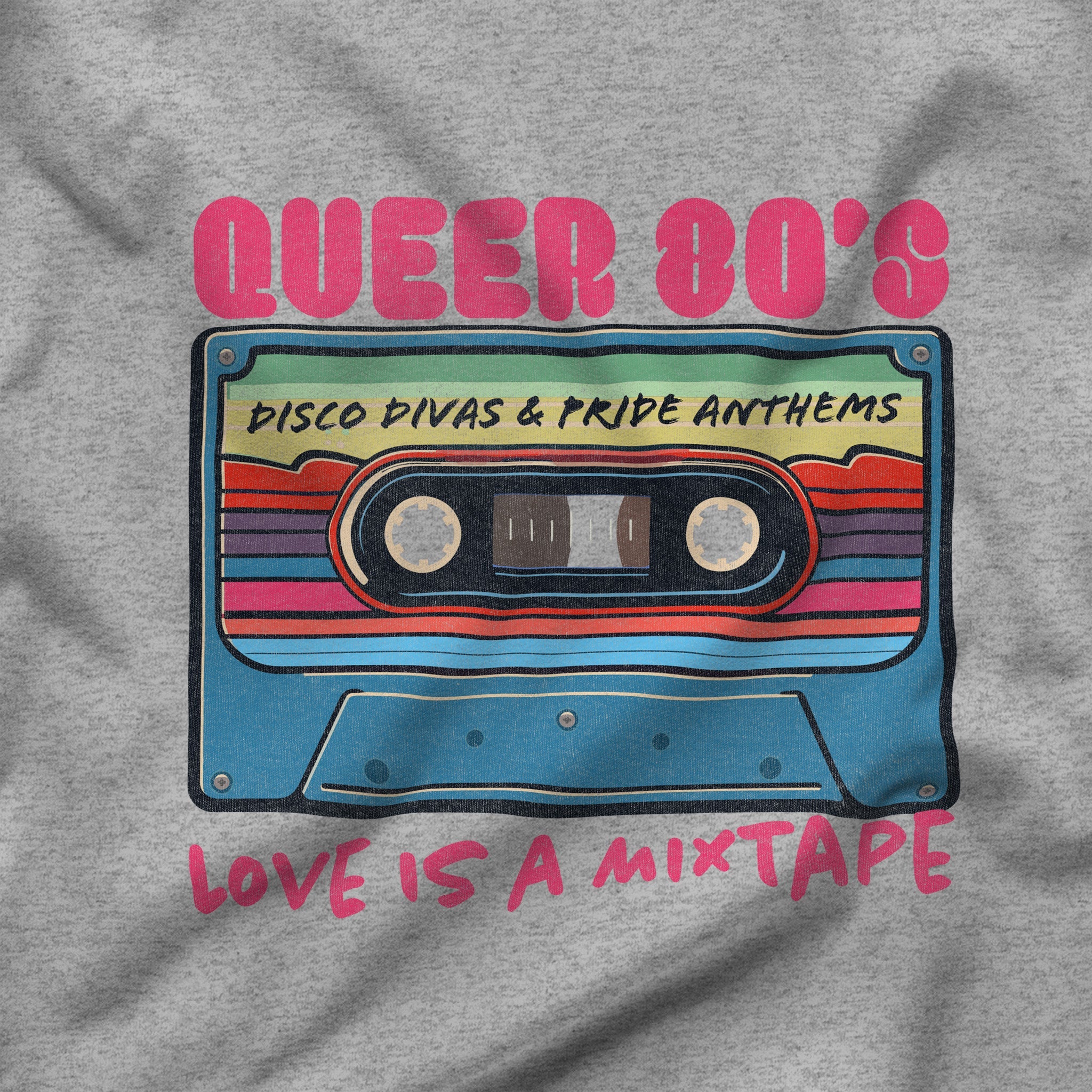 "Queer 80's: Love is a Mixtape" Hoodie - Hunky Tops#color_sport grey