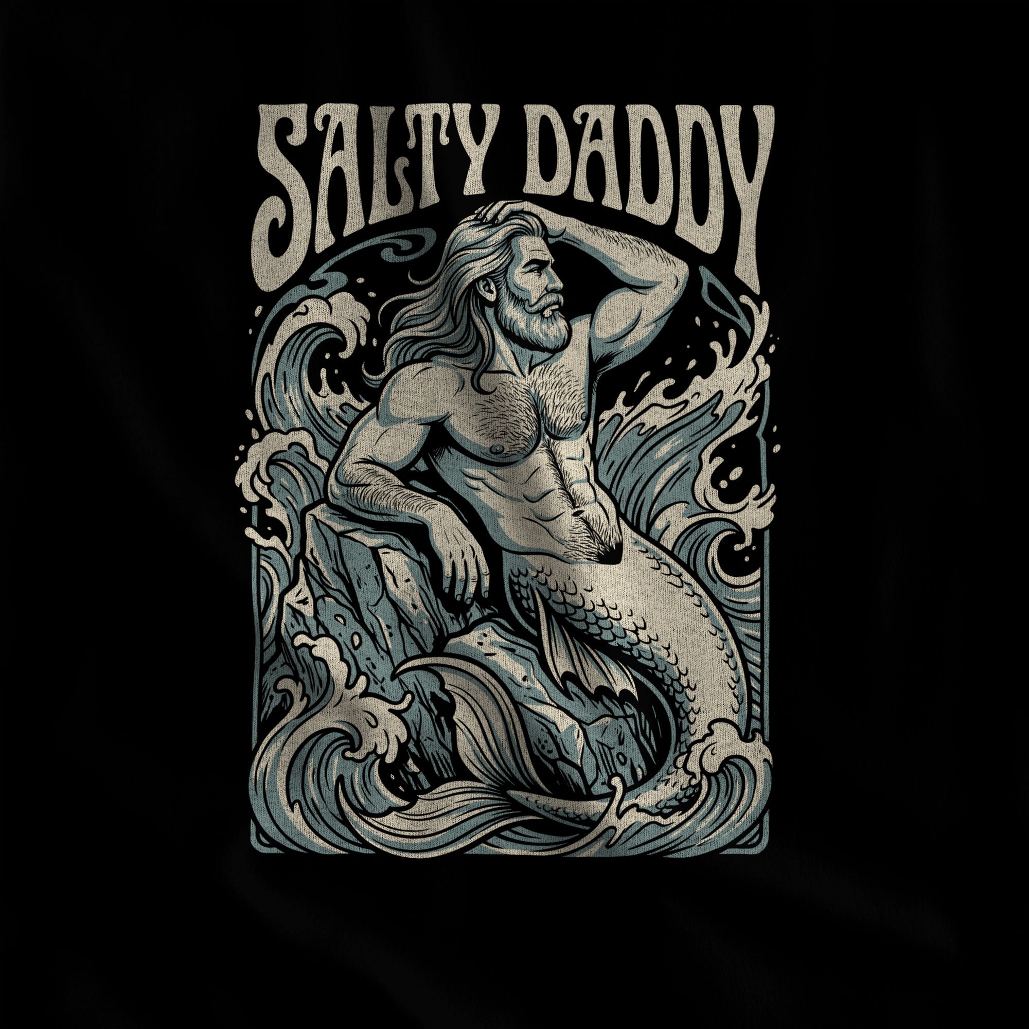 Close-up of the Salty Daddy merman print, sage and cream art nouveau line work on black fabric #color_Black