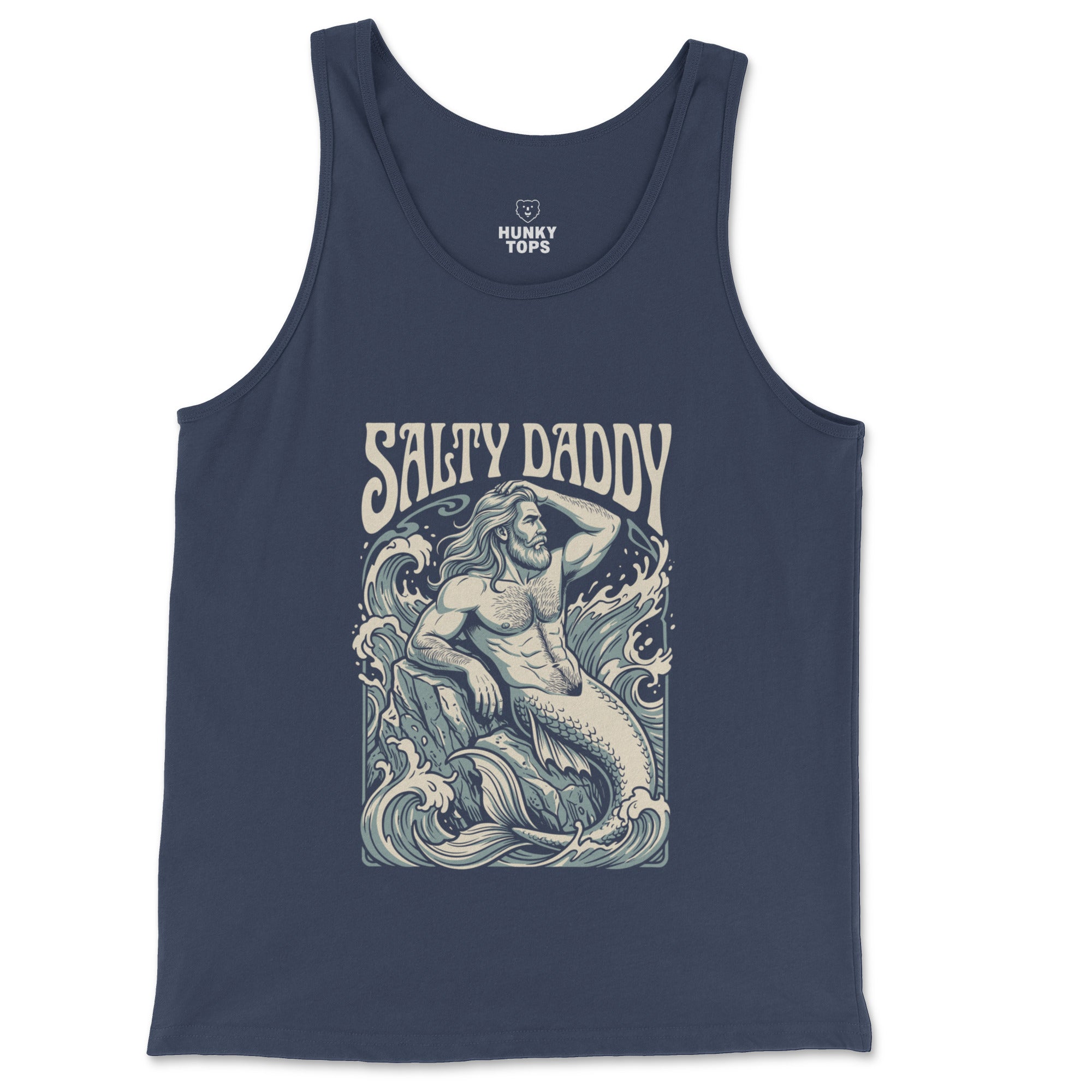 Salty Daddy silver-bearded merman vintage poster graphic on a navy jersey tank top, flat lay #color_Navy