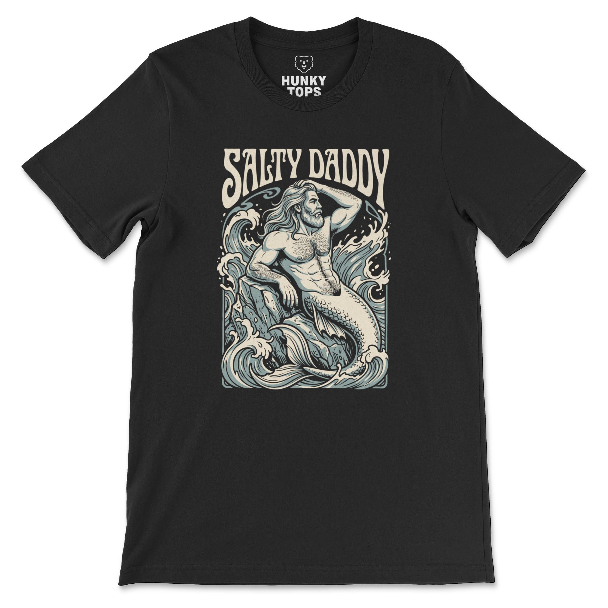 Salty Daddy silver-bearded merman vintage poster graphic on a black unisex t-shirt, flat lay #color_Black