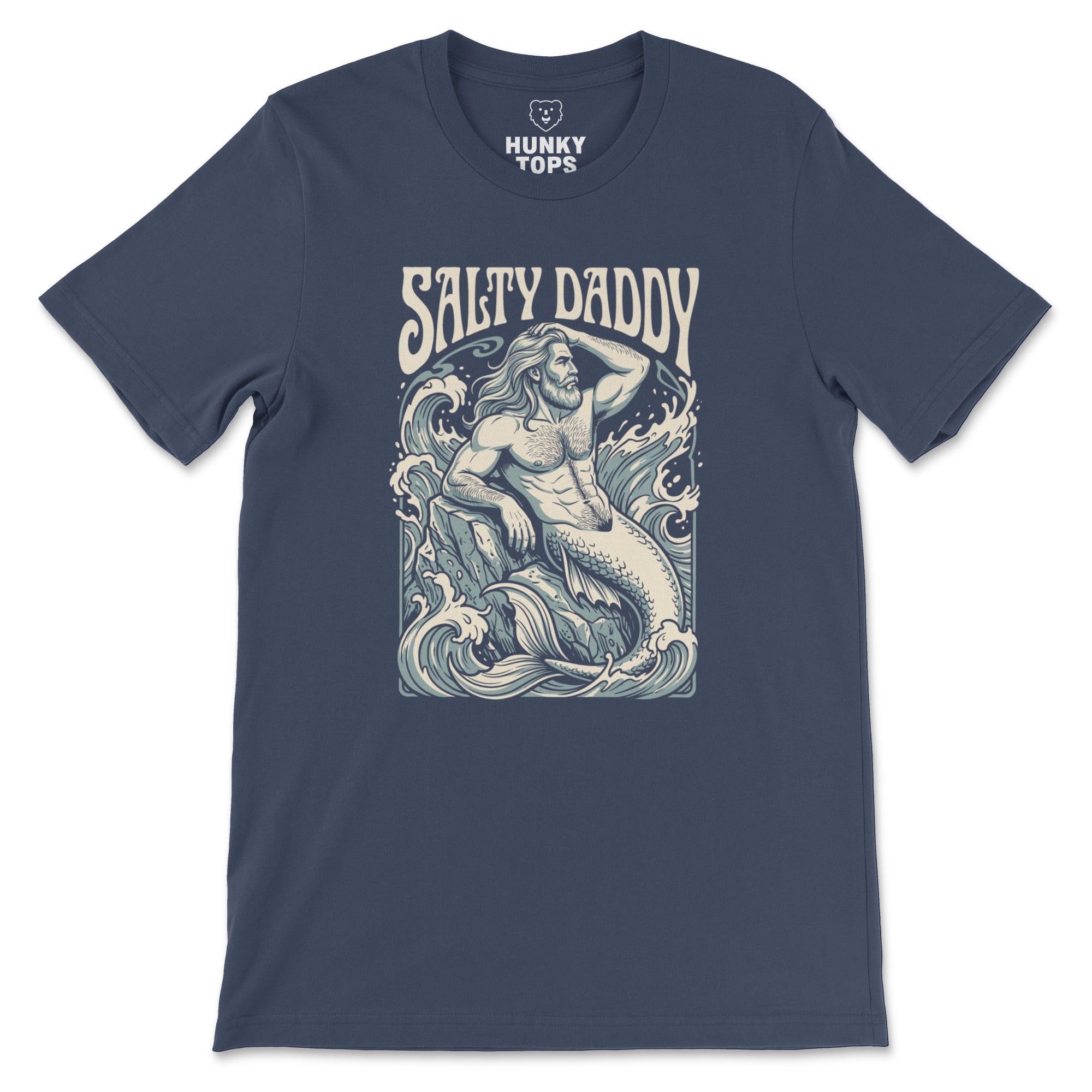 Salty Daddy silver-bearded merman vintage poster graphic on a navy unisex t-shirt, flat lay #color_Navy