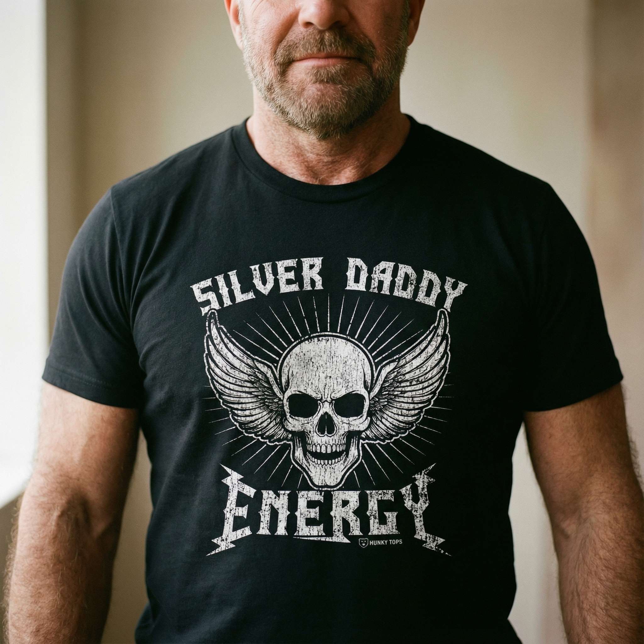 Silver Daddy Energy T-Shirt - Hunky Tops #color_Black