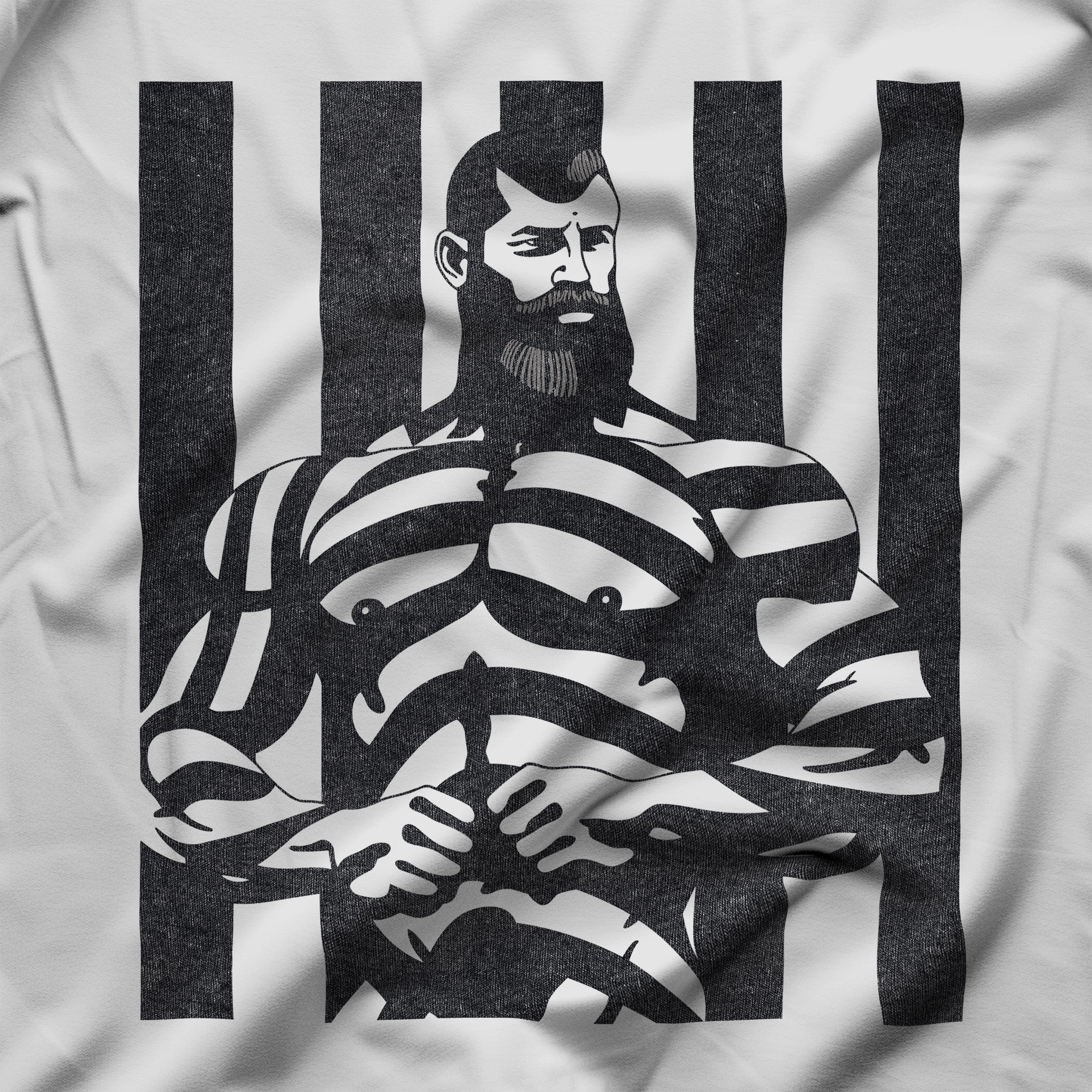 "Striped Charisma" Muscular Bearded Man T-Shirt - Hunky Tops #color_White