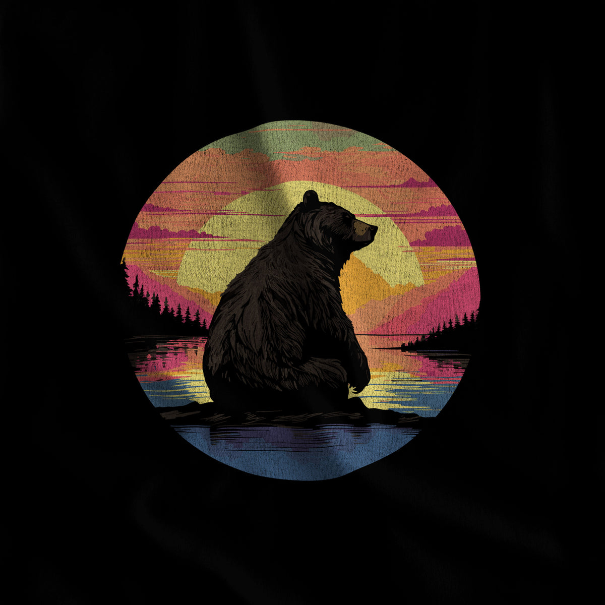 Sunset Bear T-Shirt - Hunky Tops print close-up #color_Black