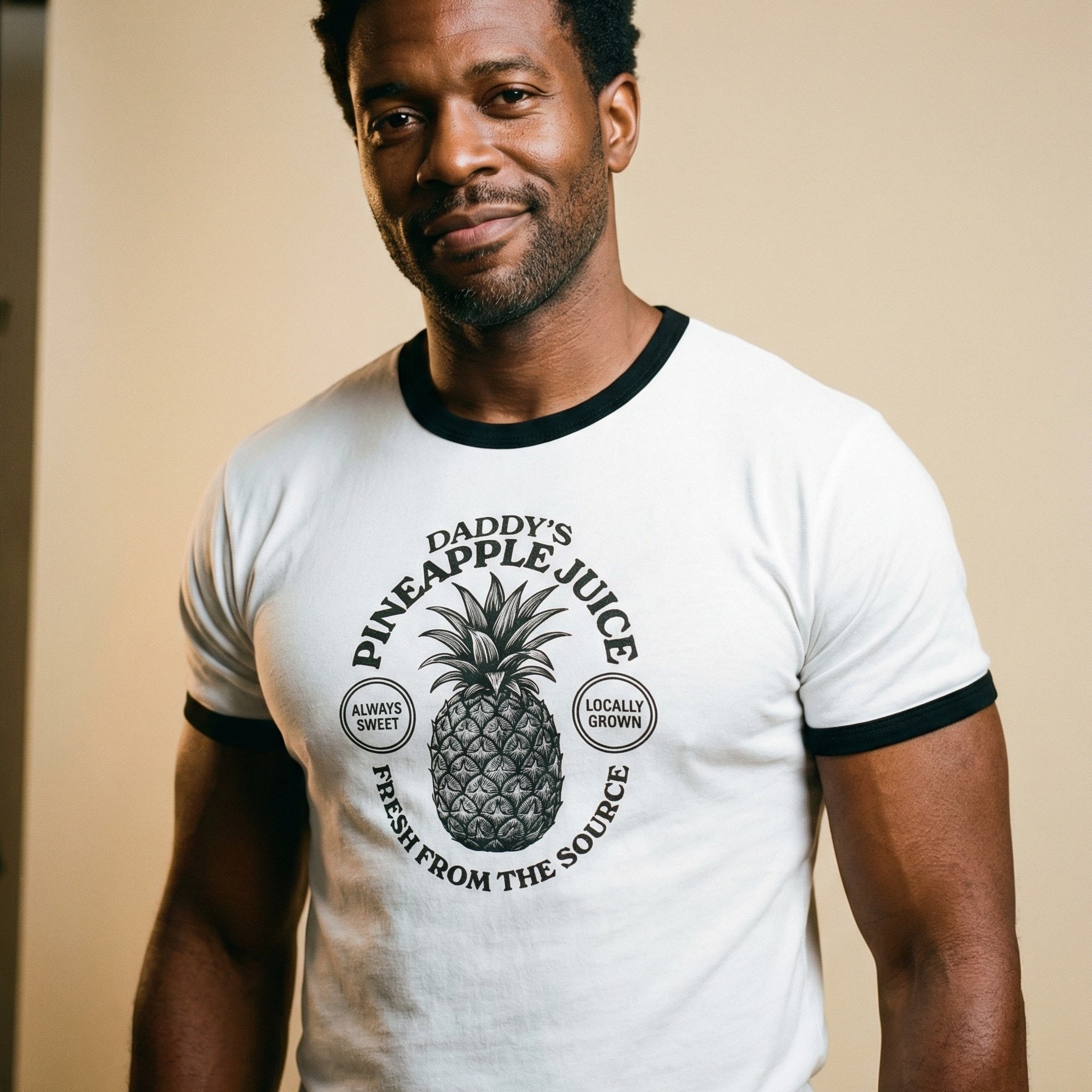 A waist-up portrait of a smiling Black man with short dark hair and a beard, standing against a neutral beige background. He is wearing a white ringer-style t-shirt with black trim around the neck and sleeves. The chest of the shirt features a detailed black graphic of a pineapple surrounded by the words 'DADDY'S PINEAPPLE JUICE' and 'FRESH FROM THE SOURCE' in a circular arrangement, with smaller side text reading 'ALWAYS SWEET' and 'LOCALLY GROWN'. #color_White/Black